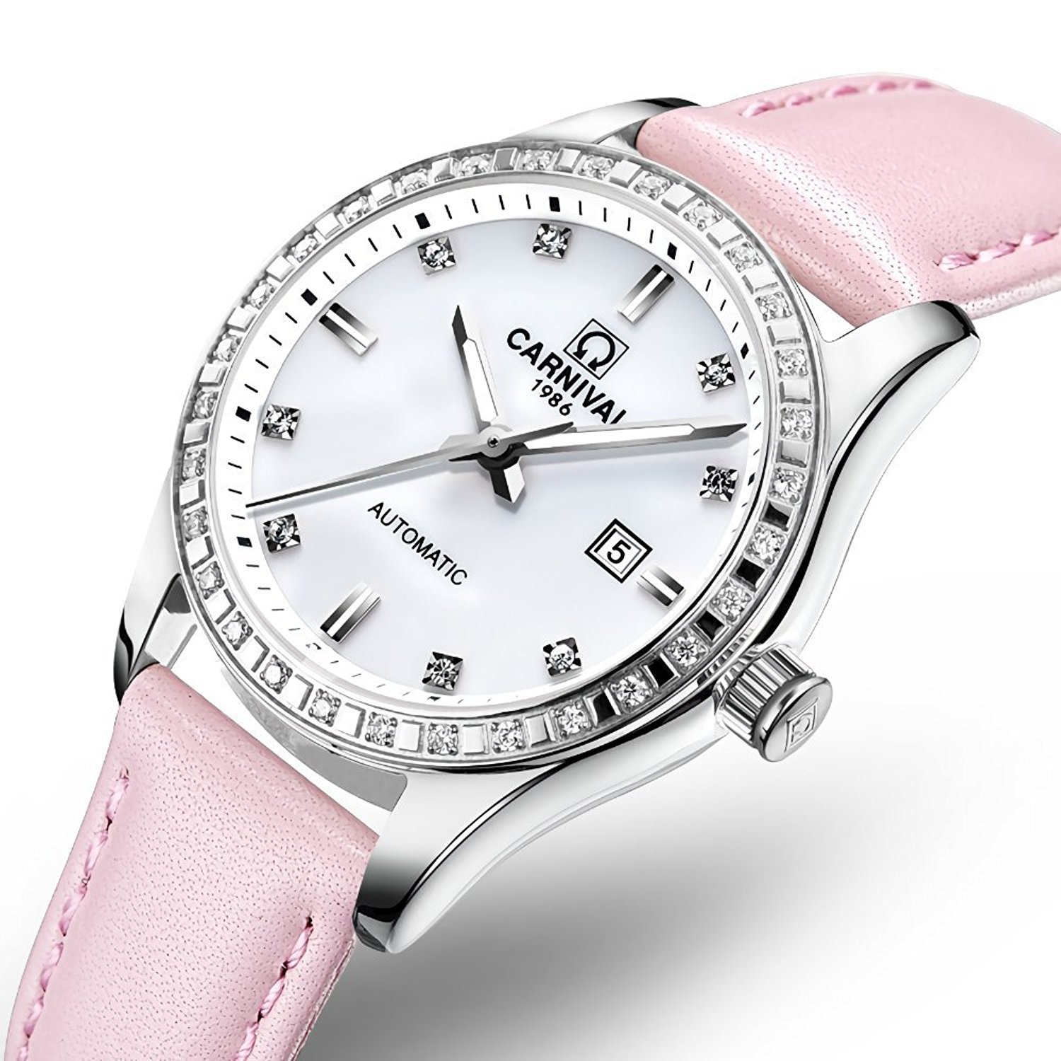 Luxury Women's Automatic Mechanical Analog Watch with Rhinestones, Calendar & Leather Band - Elegant Dress Wristwatch for Business, Party & Formal Occasions