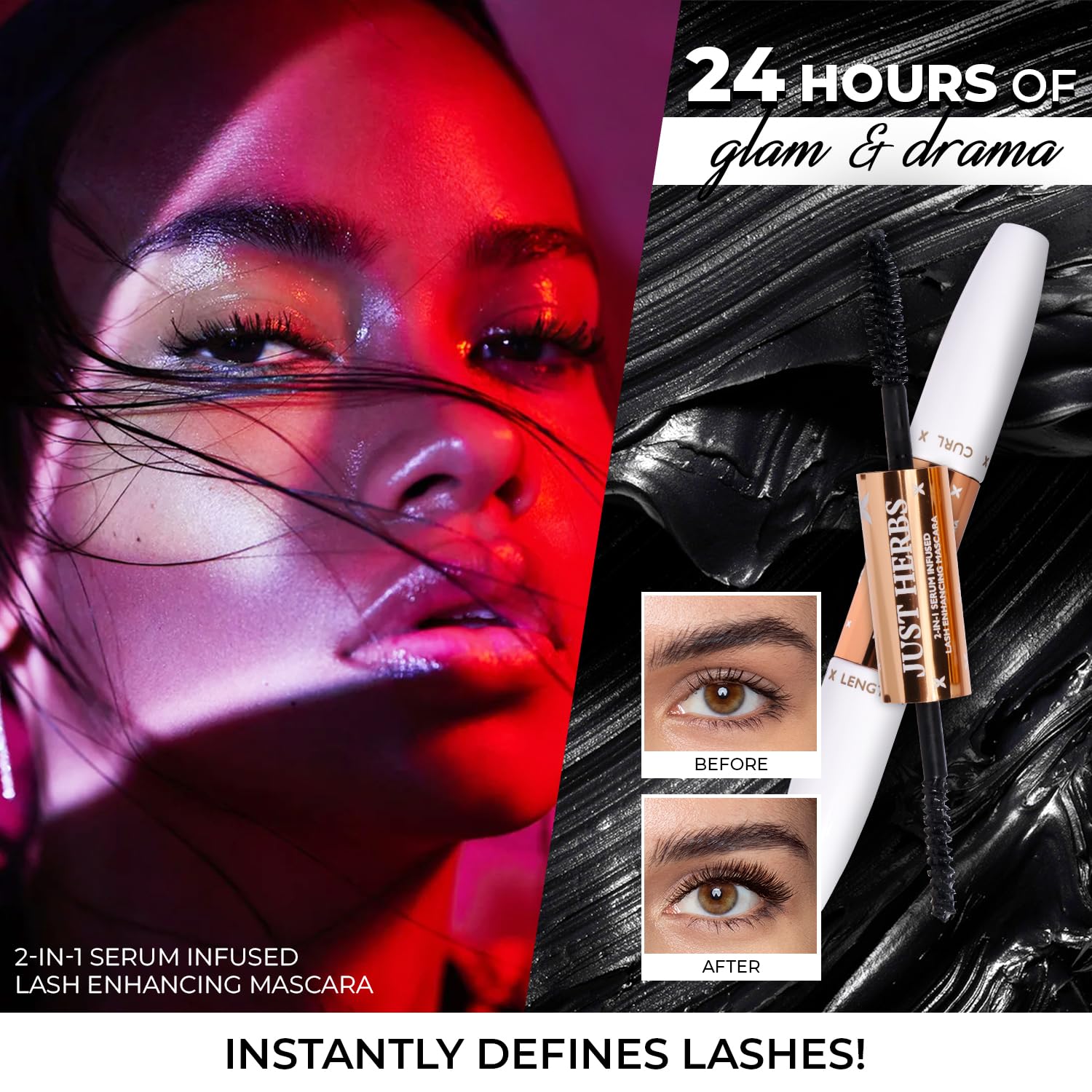 Just Herbs 2-in-1 Serum-infused Lash Enhancing Mascara with Castor Oil & Coconut Oil (8g) - Natural Lengthening & Volumizing for Day & Night Wear