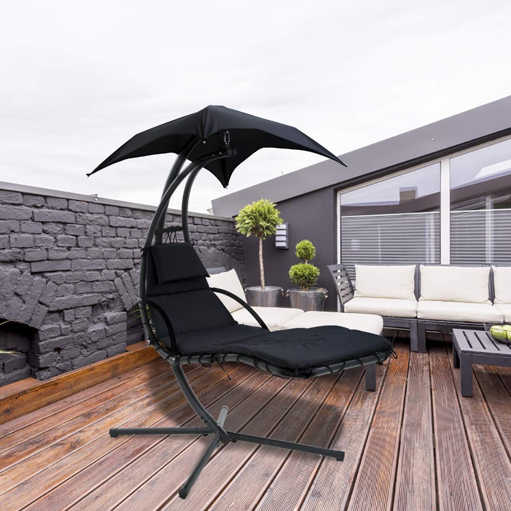 Outdoor Hanging Hammock Chair with Stand & Canopy - 280LBS Capacity Heavy Duty Patio Swing for Backyard, Garden, Deck - Includes Pillow for Ultimate Relaxation | Perfect for Lounging, Reading & Sunbathing