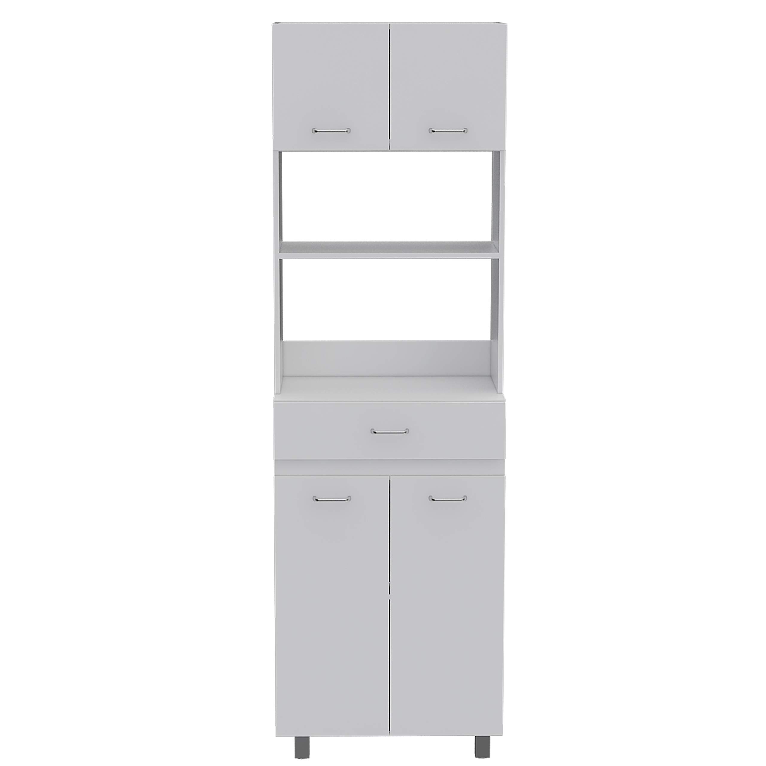 White Auburn Microwave Pantry Cabinet with 2 Storage Cabinets, 2 Open Shelves & Drawer - Perfect for Kitchen Organization & Small Space Storage
