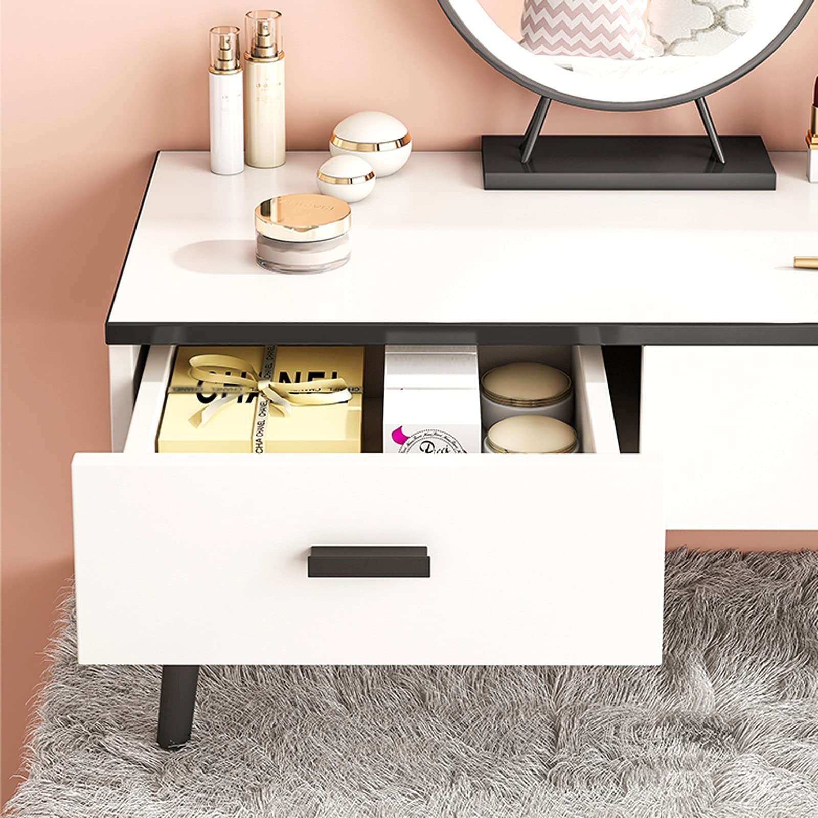 Modern Minimalist Vanity Table with LED Touch Screen Mirror & 2 Drawers - 80cm Small Dressing Table for Bedroom | Perfect for Makeup, Skincare & Hair Styling