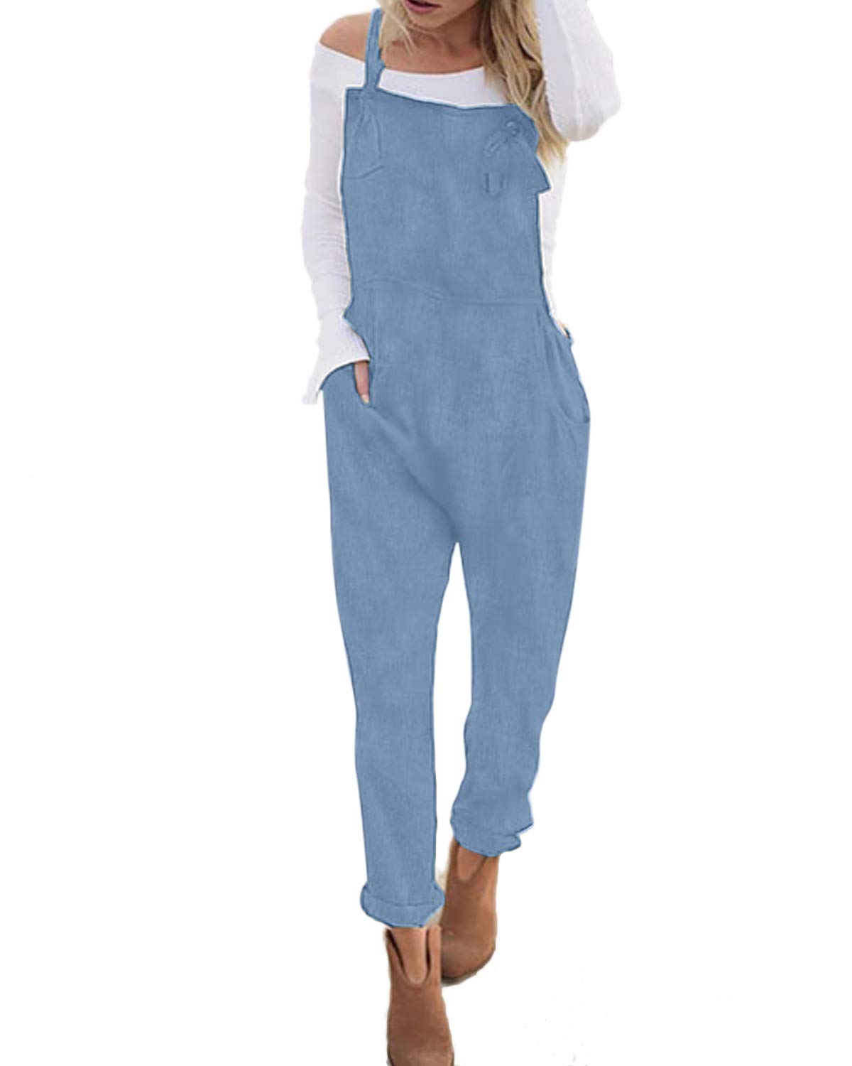 Styledome Women's Sleeveless Strappy Jumpsuit with Pockets - Baggy Romper Bib Overalls in Light Blue | XX-Large Size | Perfect for Summer Outings, Beach Vacations & Casual Streetwear