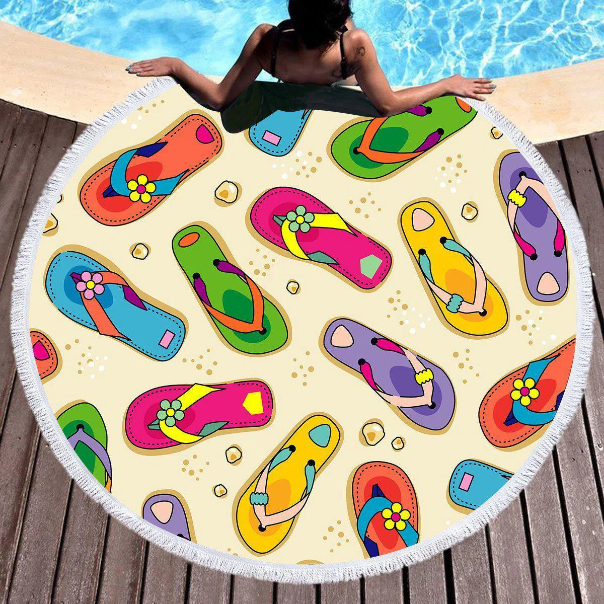 Flip Flops State of Mind Round Beach Towel - Soft & Absorbent Summer Towel for Pool, Beach, Vacation, Yoga & Outdoor Activities