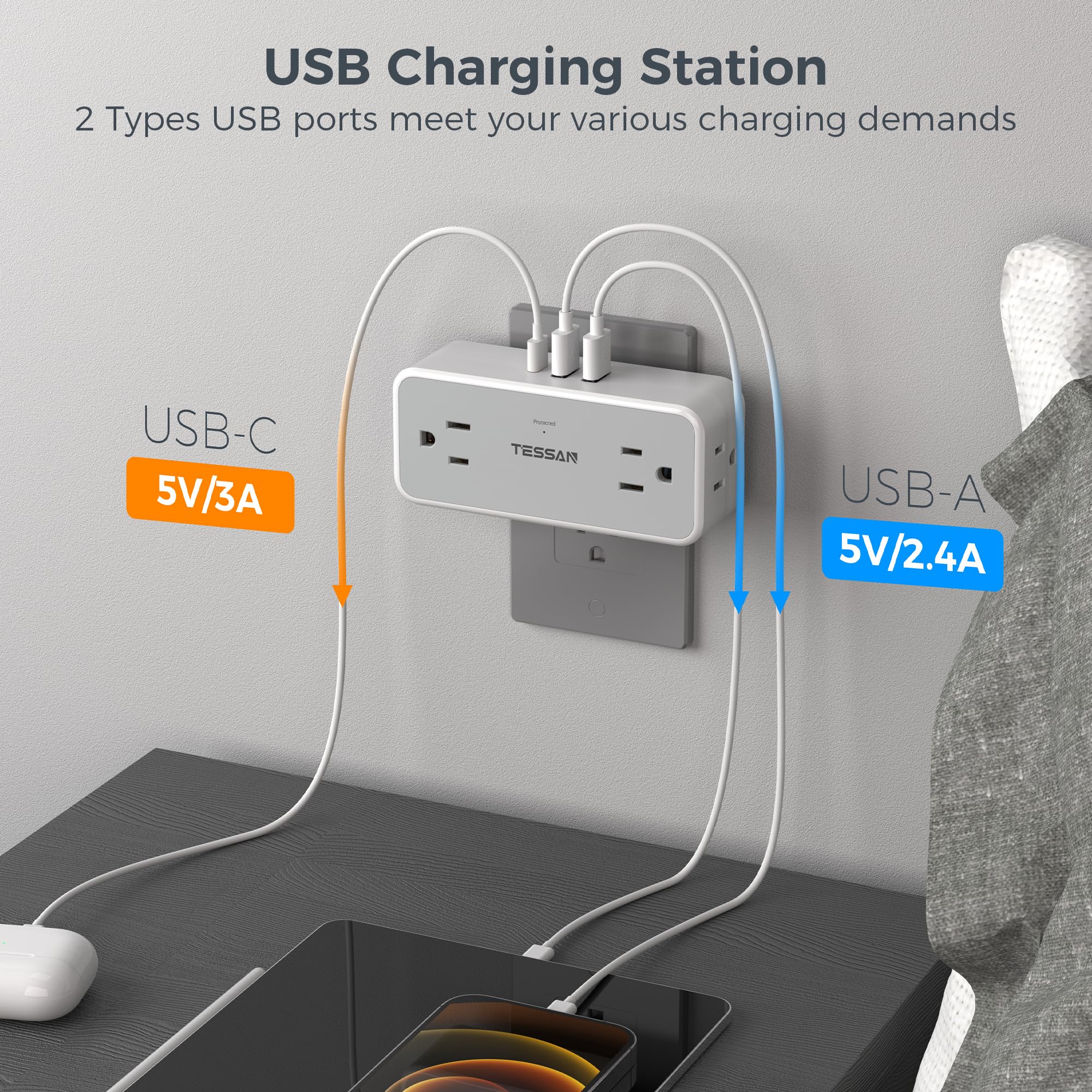 TESSAN 4 Outlet Extender with 3 USB Ports (1 USB-C) & 900J Surge Protection - Multi Plug Power Strip, Wide Spaced Wall Charger for Home, Office, Dorm - Perfect for Charging Phones, Laptops, Tablets & Smart Devices