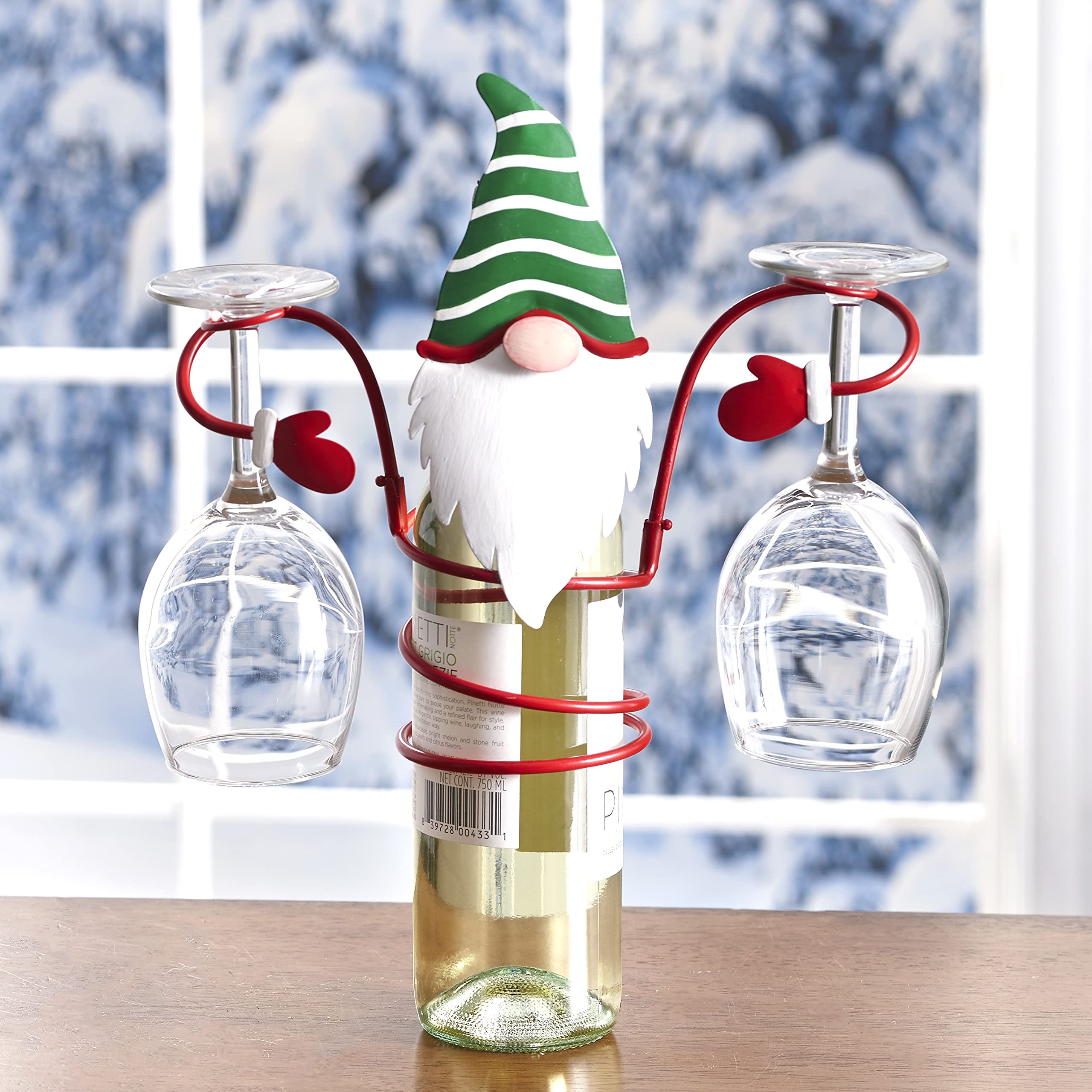 Gnome Wine Bottle & Glass Holder - Rustic Home Bar Decor for Wine Lovers - Perfect for Kitchen, Dining Room, and Party Entertaining
