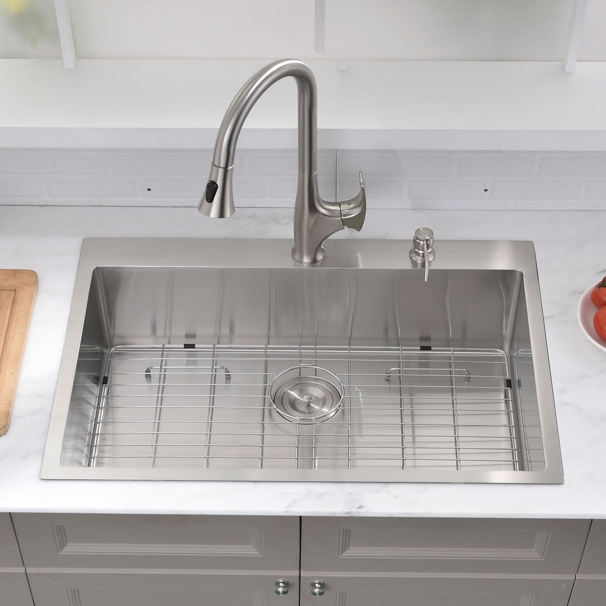 **33-inch Drop-In Stainless Steel Kitchen Sink - VOKIM 16 Gauge Single Bowl Handmade Sink with Dish Grid, Basket Strainer & Soap Dispenser - Perfect for Modern Kitchens & Easy Meal Prep**