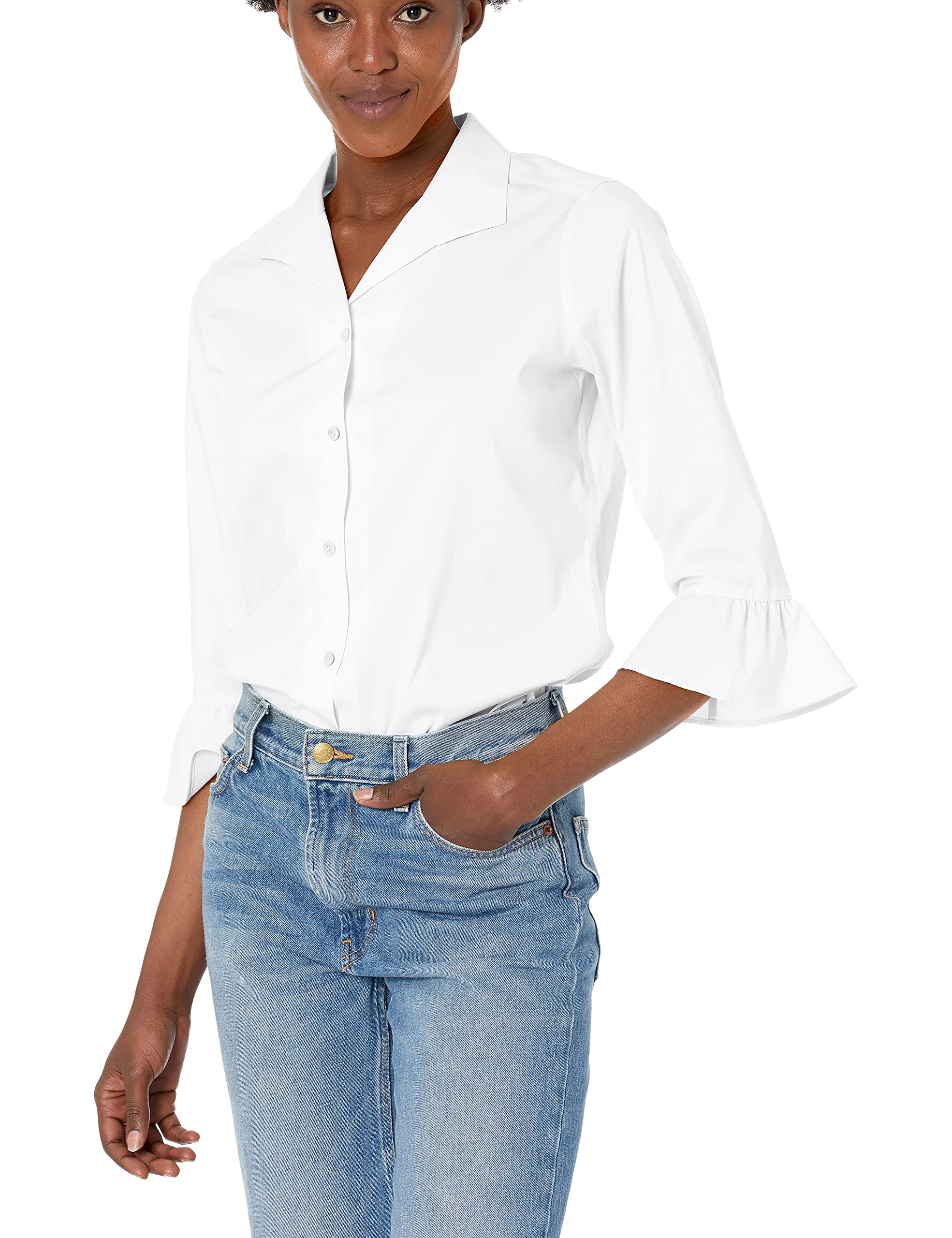 Foxcroft Women's Ruffle Sleeve Stretch Non-Iron Blouse - Elegant Office Wear & Casual Outfit for Professional Women