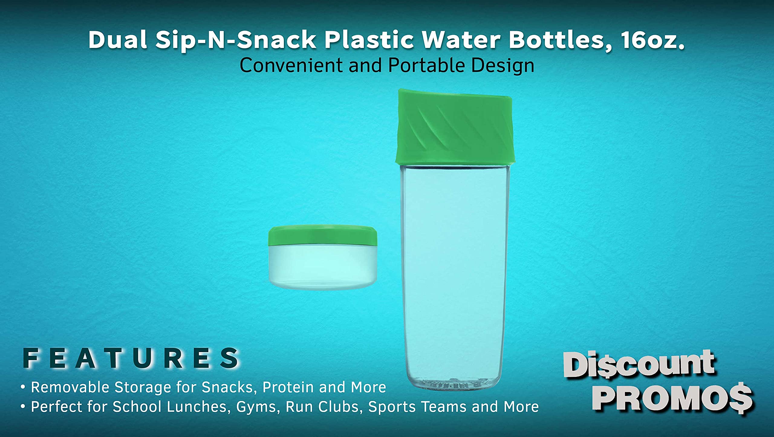 10 Pack Dual Sip-N-Snack BPA Free Plastic Water Bottles with Screw On Lid - 16 oz Reusable Sports Bottles for Kids, Gym, Hiking & Outdoor Activities - Green