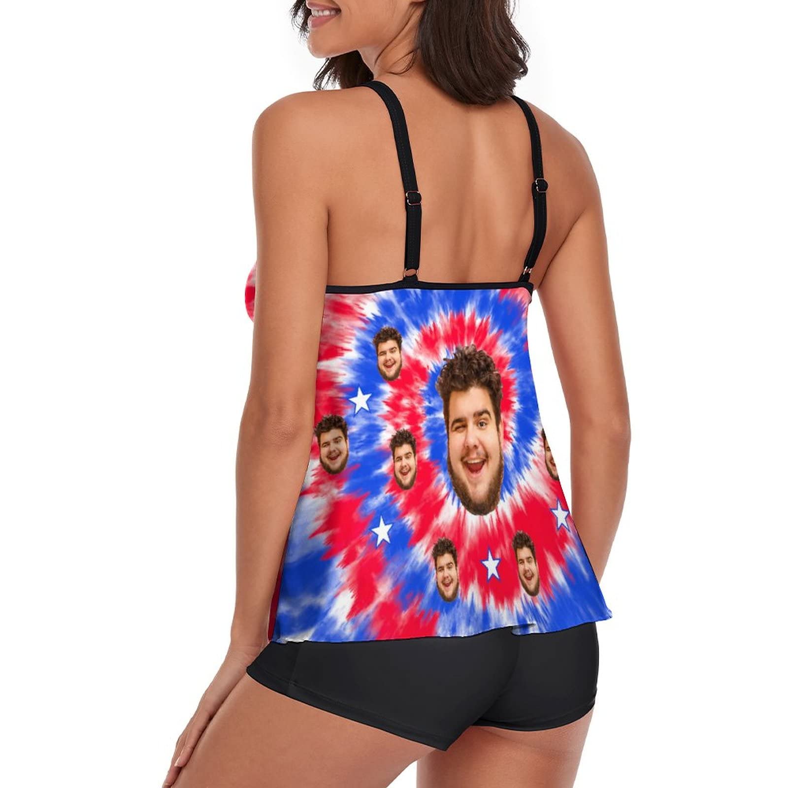 Custom Personalized Face Print Tankini Swimsuits for Women - 2 Piece Bathing Suits with Husband/Boyfriend Photo - Matching Swim Shorts & Top for Beach, Pool & Vacation