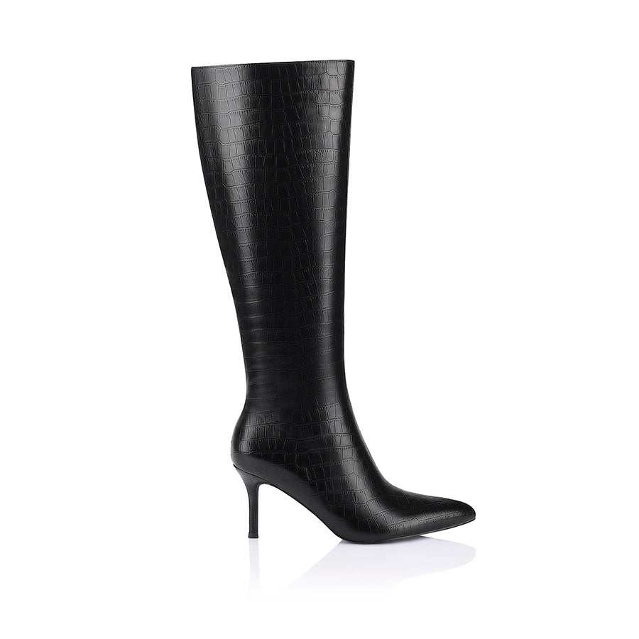 Bessie Women's Black Crocodile Print Tall Boots - Stylish Knee-High Boots for Winter, Fall & Casual Outfits