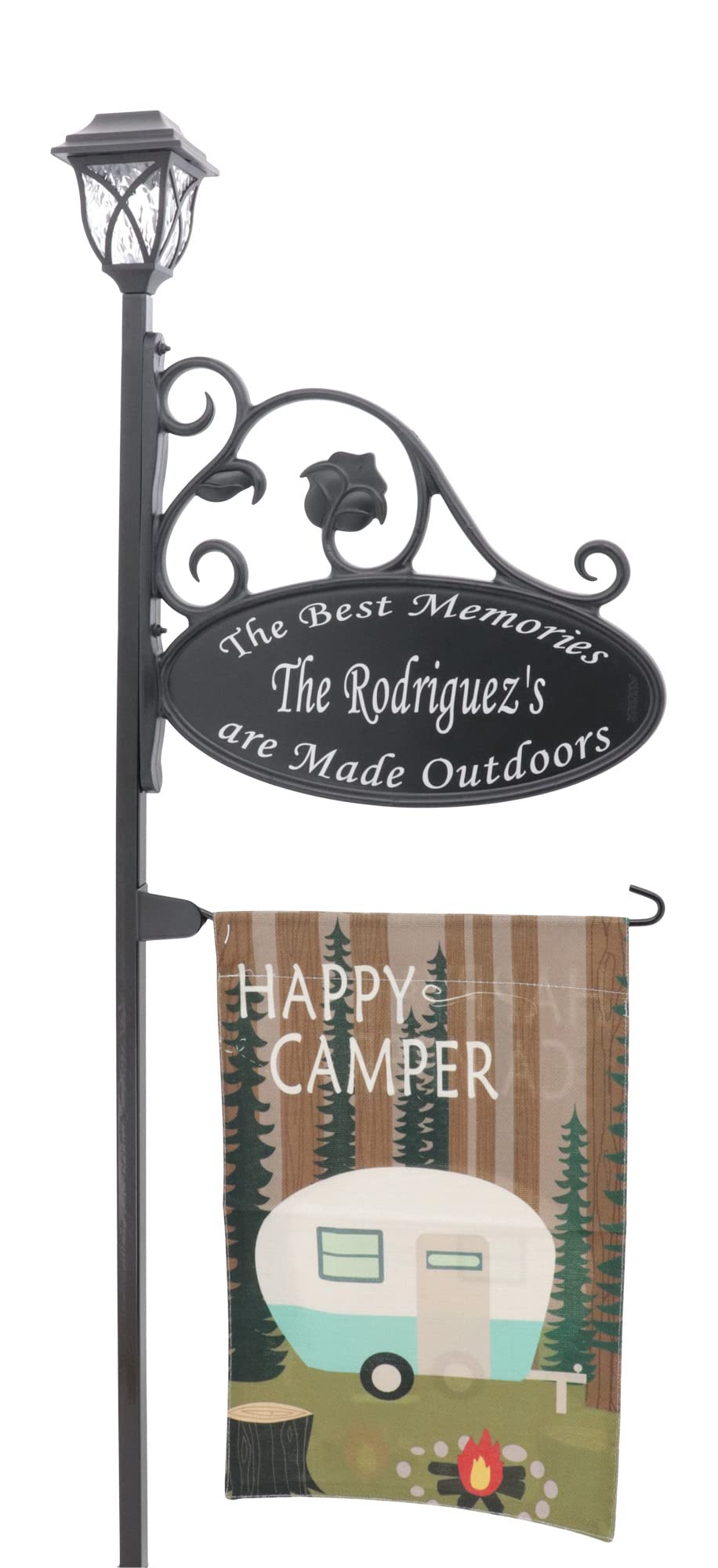 Handcrafted Double-Sided Reflective RV Park Sign with Happy Camper Flag & Solar Light - 47