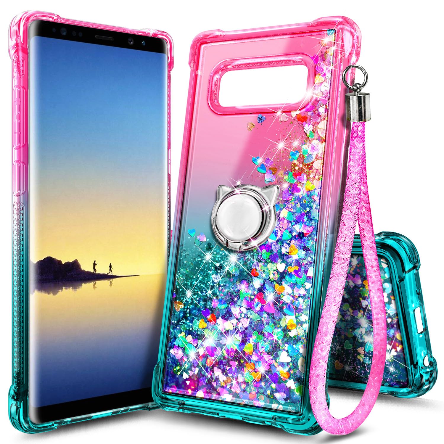Sparkle Glitter Liquid Flow Phone Case for Samsung Galaxy Note 8 with Ring Holder & Wrist Strap - Cute Pink Aqua Protective Cover for Women Girls Kids - Perfect for Daily Use, Travel and Hands-Free Convenience