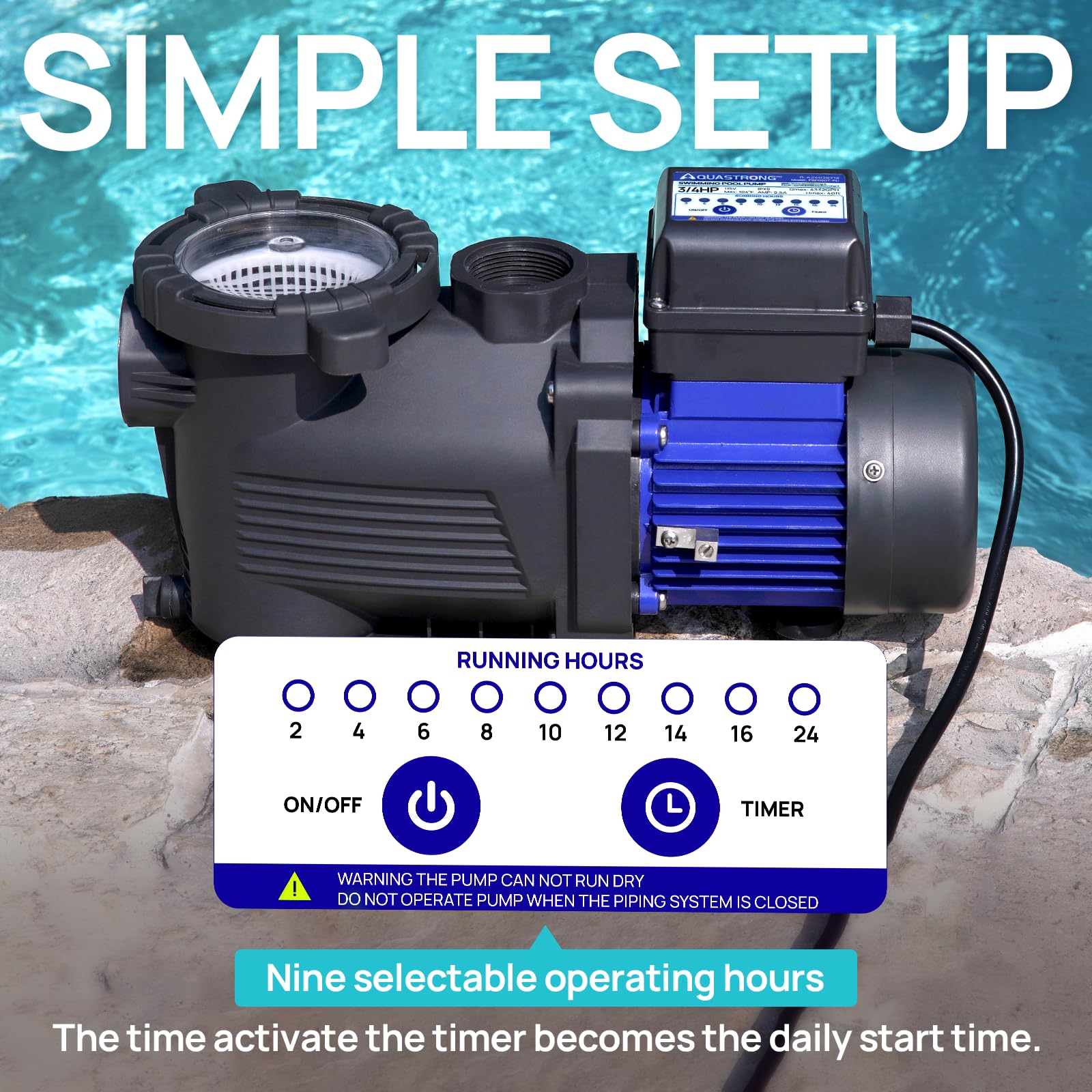 AQUASTRONG 3/4 HP High Flow Above Ground Pool Pump with Timer - 115V, 4332 GPH, 1.25