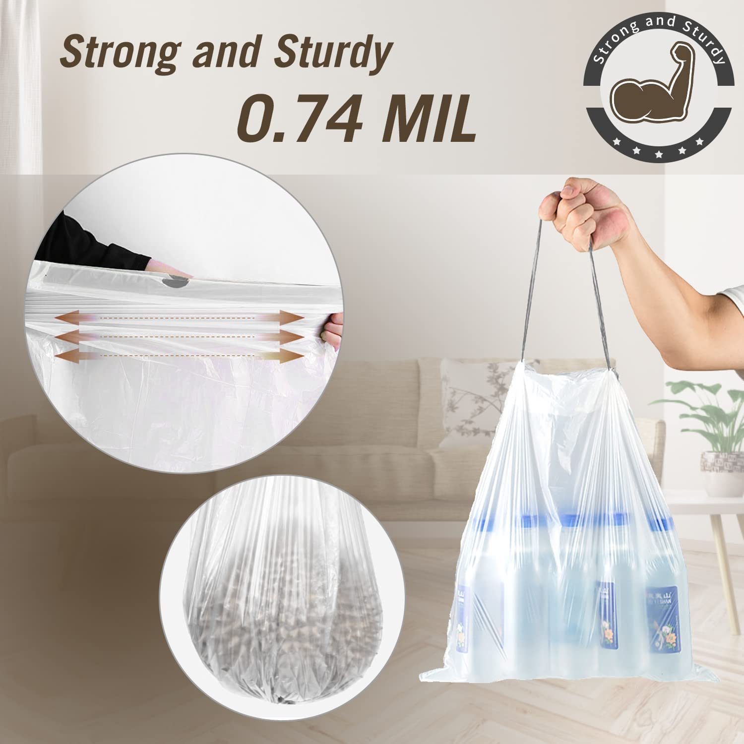 8 Gallon Drawstring Trash Bags - Heavy Duty Kitchen Garbage Bags, 22 x 23 Inches, 34 Count White Trash Can Liners for Home, Office & Outdoor Use