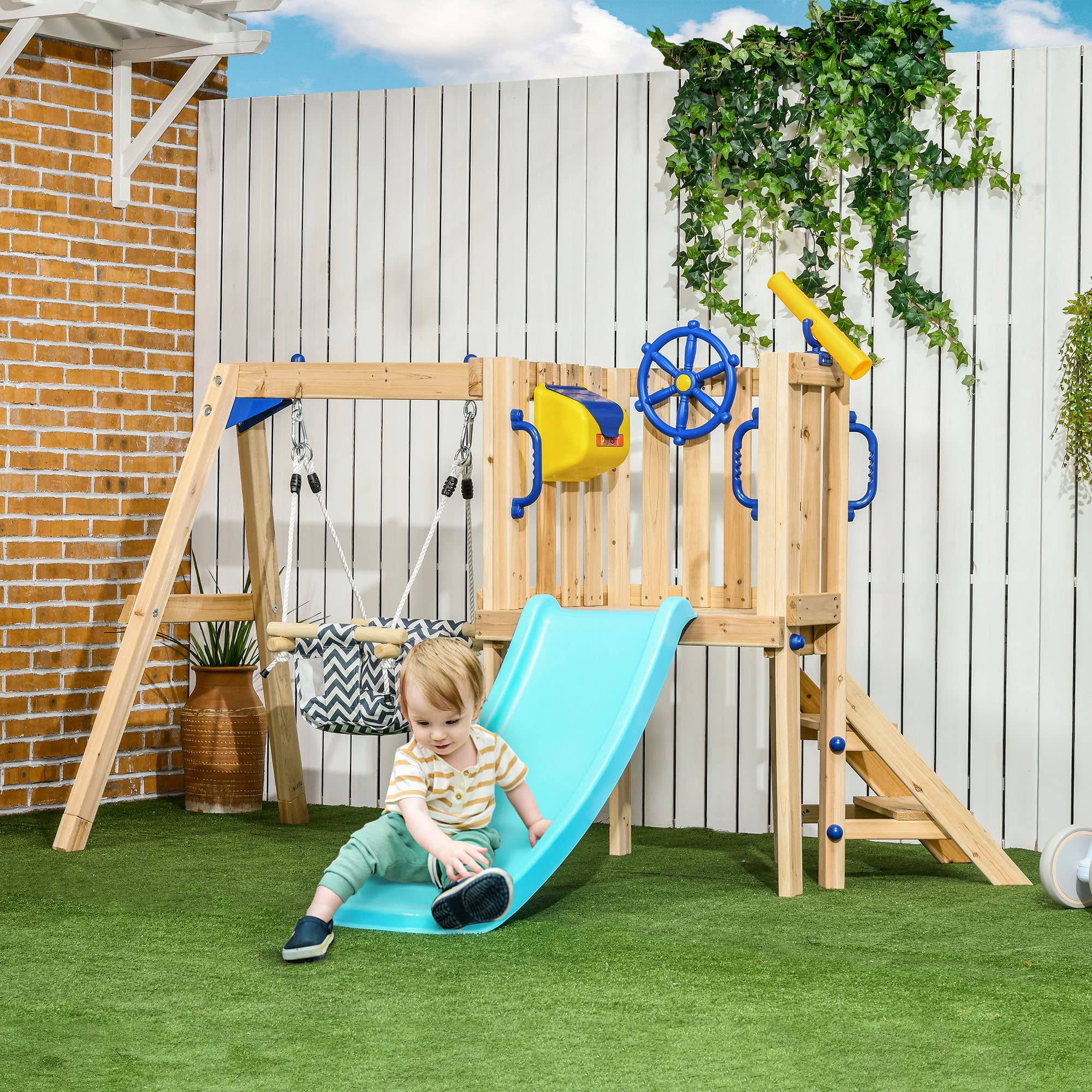 Outsunny 3-in-1 Wooden Swing Set for Toddlers - Outdoor Playset with Baby Swing Seat, Slide, Captain's Wheel & Telescope | Backyard Playground Equipment for Kids Ages 1.5-4 | Perfect for Garden, Park & Outdoor Family Fun