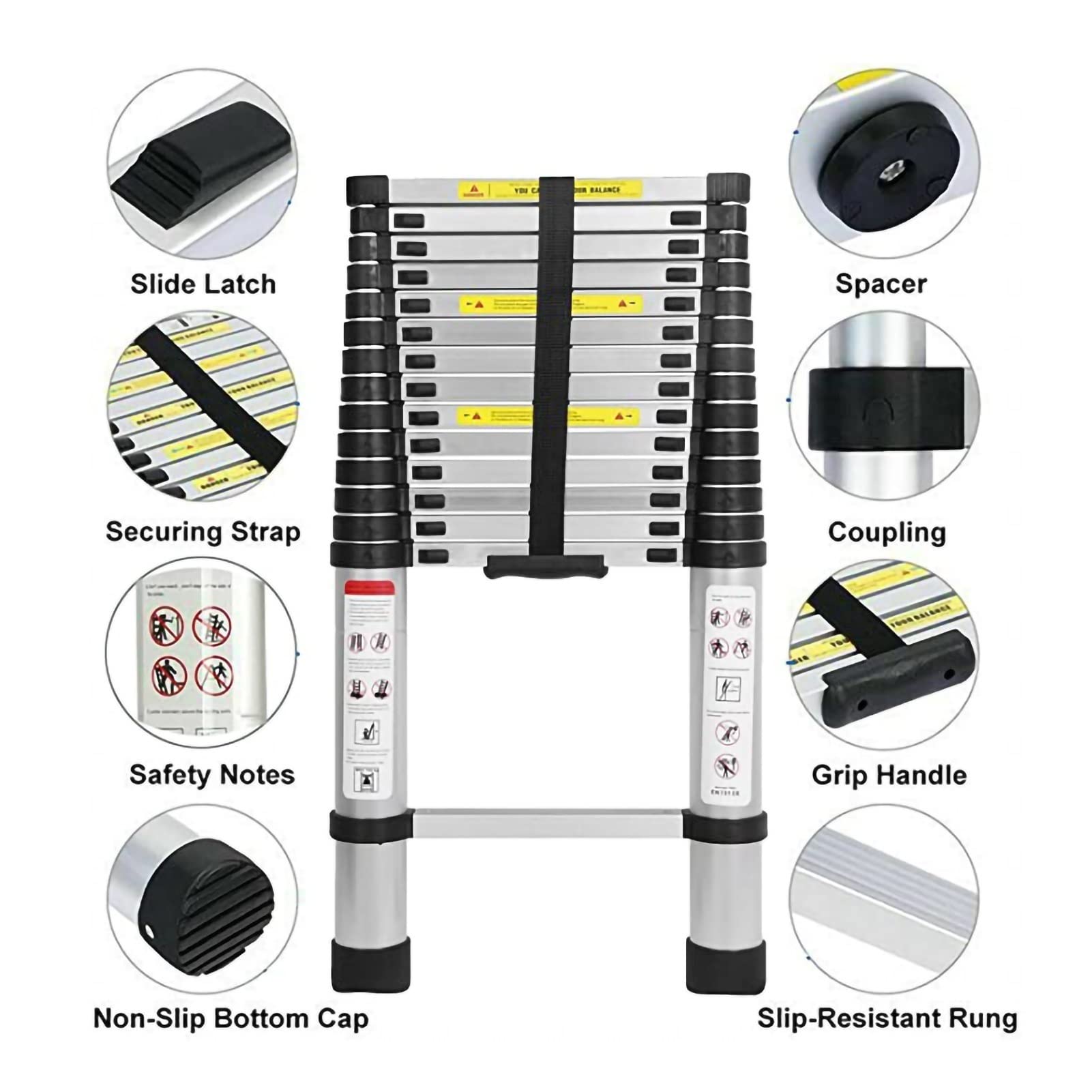 Heavy Duty Aluminum Telescoping Ladder 10.1ft - 330lb Load Capacity with Detachable Hooks - Portable Extension Ladder for Home, RV, Roofing, Painting & Outdoor Use (Silver)