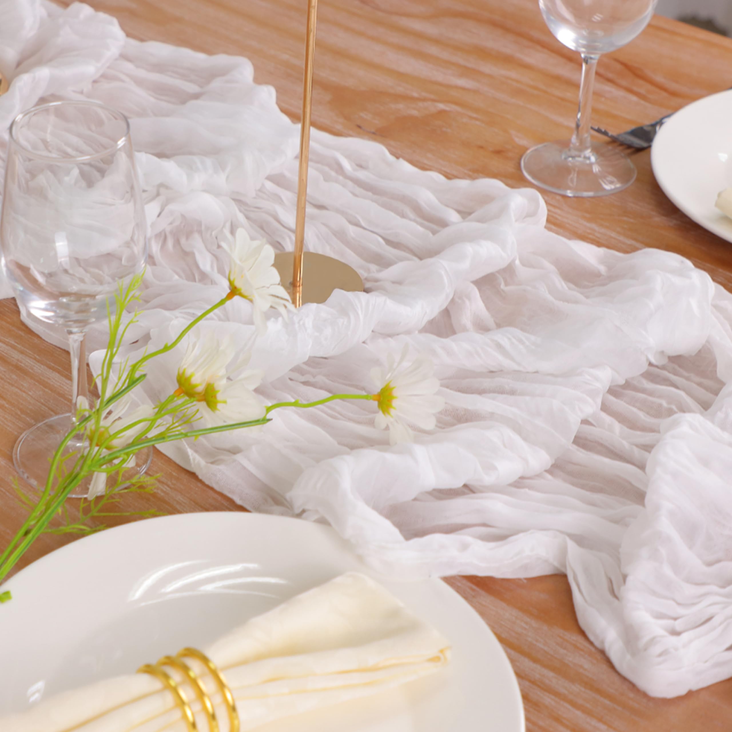Snowkingdom 13Ft White Cheesecloth Table Runner - 160 Inch Long Boho Gauze Table Cover for Wedding, Bridal Shower, Baby Shower, Birthday & Christmas Decor | Elegant Sheer Table Decoration for Holiday Parties & Dining Room Decor