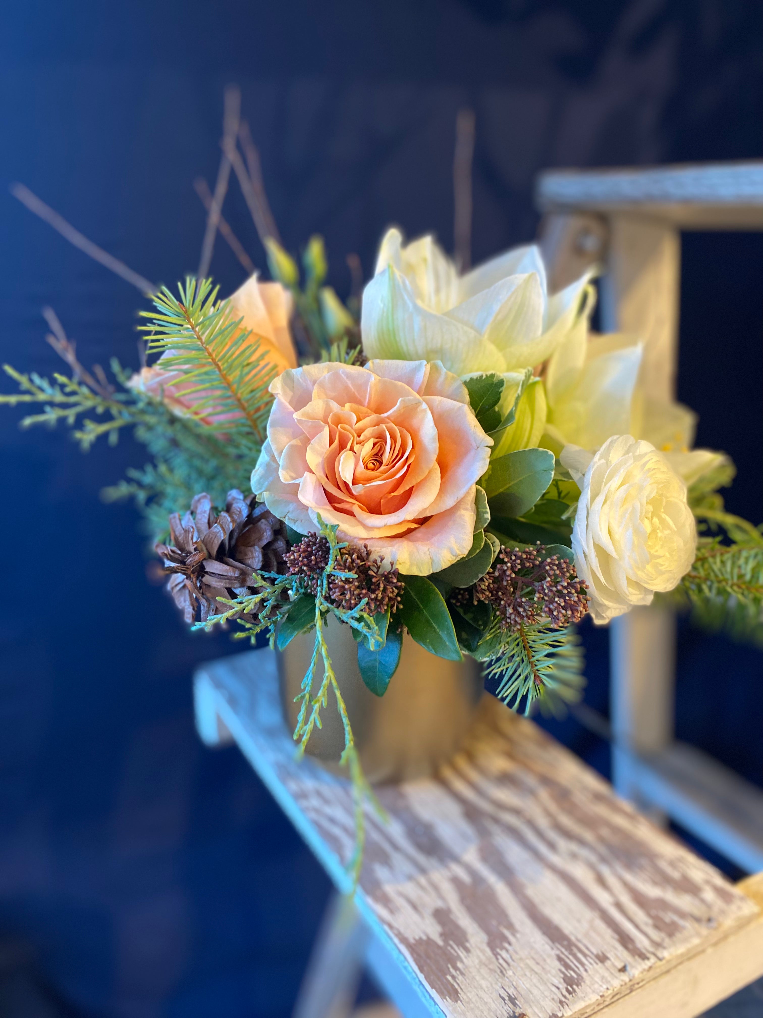 Elegant Gold, Pink & White Winter Floral Arrangement - Perfect for Holiday Decor, Christmas Centerpieces & Seasonal Home Styling