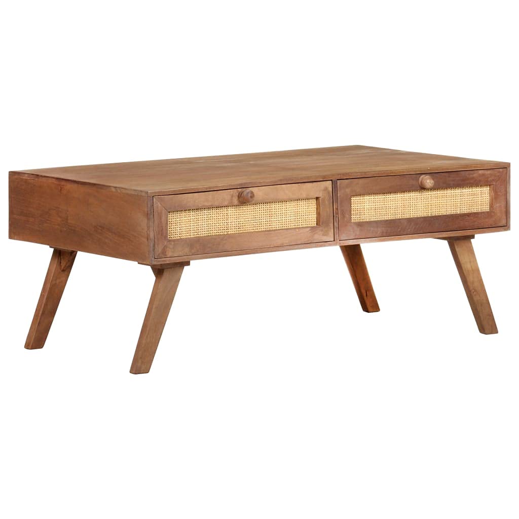 Mango Wood Coffee Table with 2 Drawers - Rustic Rectangular Couch Table for Living Room