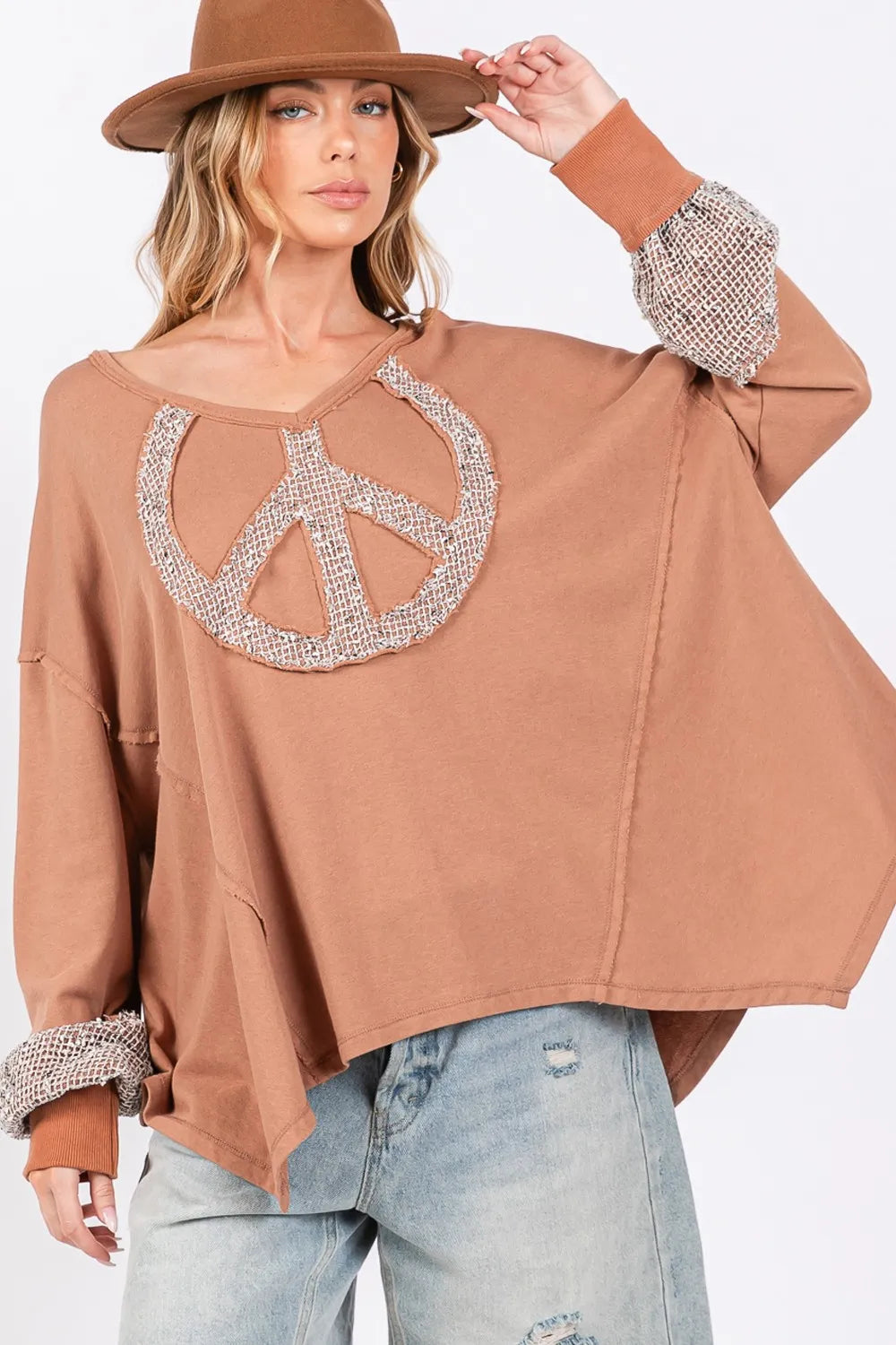Boho Beachy Peace Sign Mineral Wash Terry Top - Soft & Comfortable Women's Casual Shirt for Summer, Vacation, and Music Festivals
