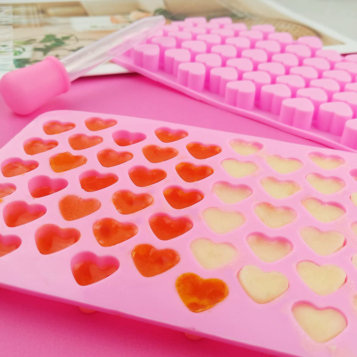 2 Pack Silicone Mini Heart Molds with Droppers - Heart Shape Ice Cube & Candy Molds for Chocolate, Gummy, Soap, Jelly, Cake - Baking & DIY Crafts - Perfect for Valentine's Day, Parties & Home Decor (Pink)