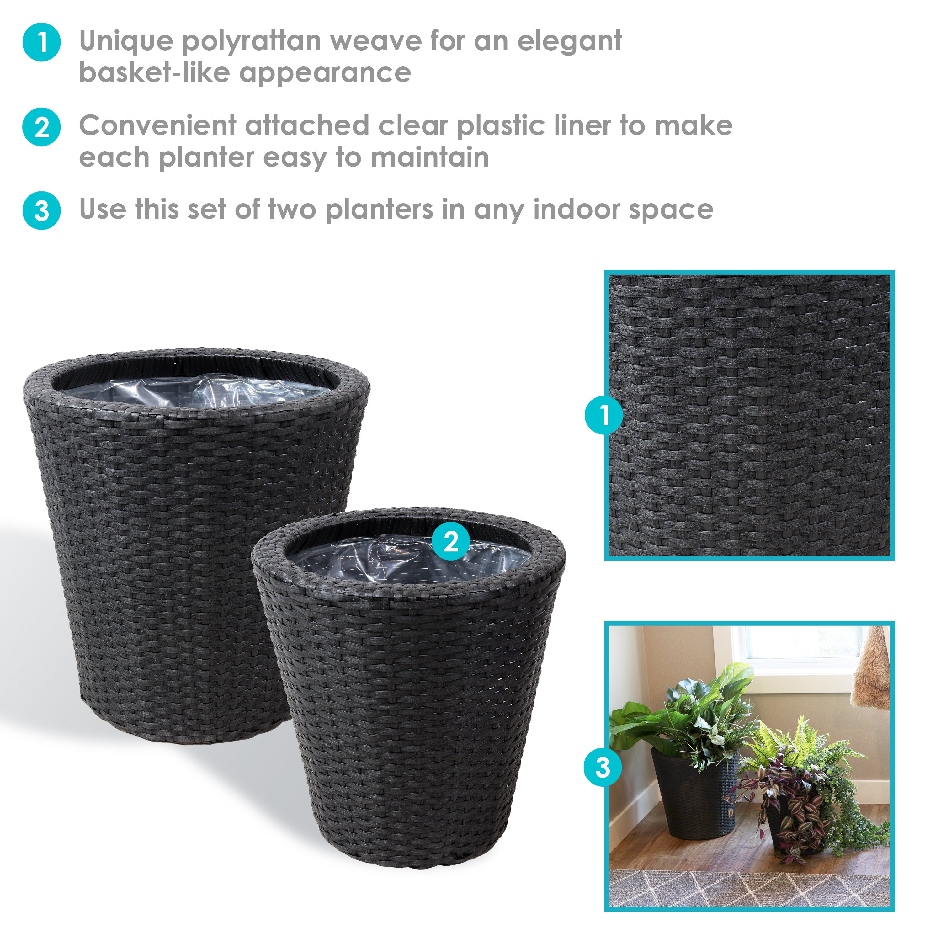 Sunnydaze Round Polyrattan Indoor Planters Set - 1 Large & 1 Small Modern Decorative Flower Pots for Home, Office, Living Room, Balcony Decor - Perfect for Succulents, Herbs & Houseplants