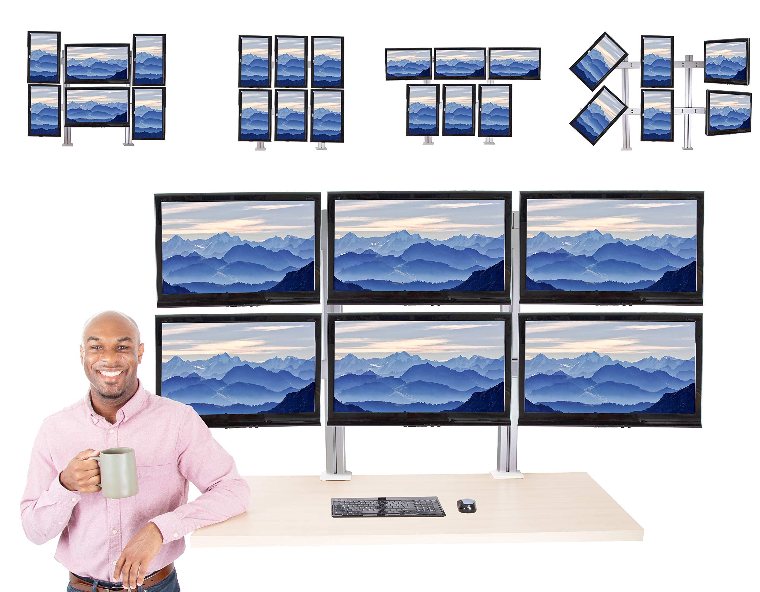 Heavy-Duty 6 Monitor Stand with Adjustable Height & Swivel Arm - VESA Mount for 6 LCD/LED Screens 17-32 inches, Clamp-On Base (Silver) - Perfect for Gaming Setup, Office Workstation & Multi-Tasking Professionals