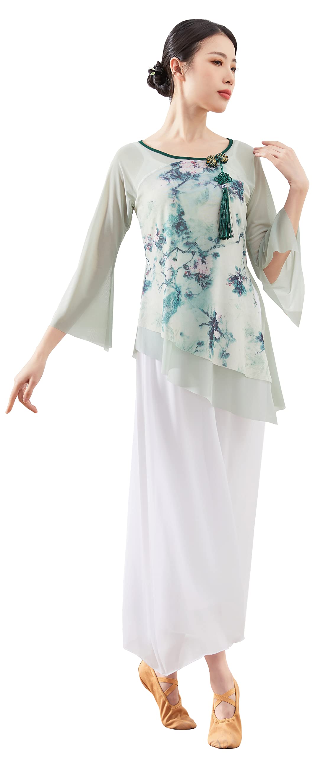 Angcoco Women's Traditional Chinese Long Sleeve Stretch Chiffon Dance Top for Performance, Stage Show, and Cultural Events