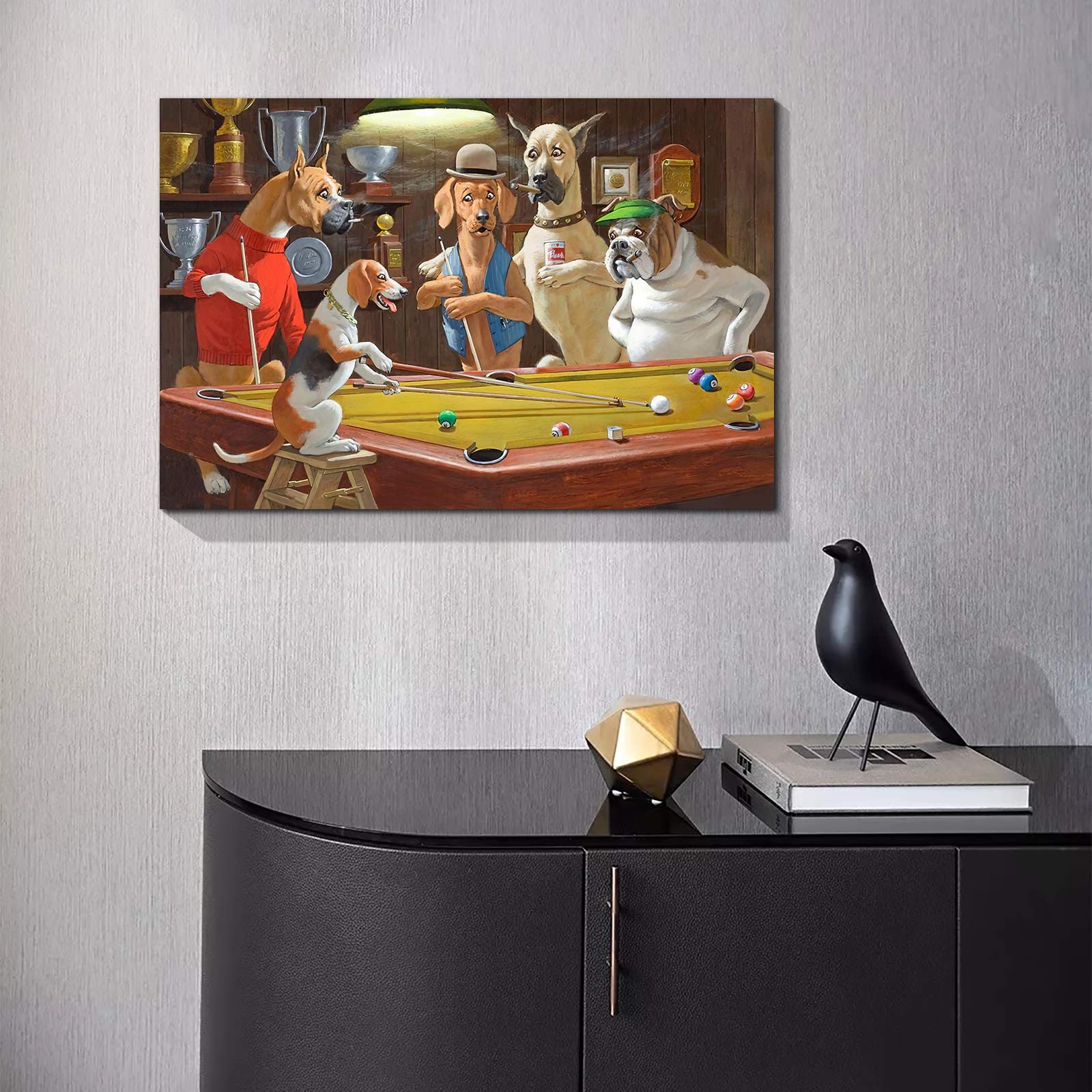 Denozer - Dogs Playing Pool Oil Painting Canvas Print, Modern Wall Art for Living Room, Bedroom, Office Decor - 48x32 Inches - Perfect for Home, Bar, and Game Room Wall Decoration