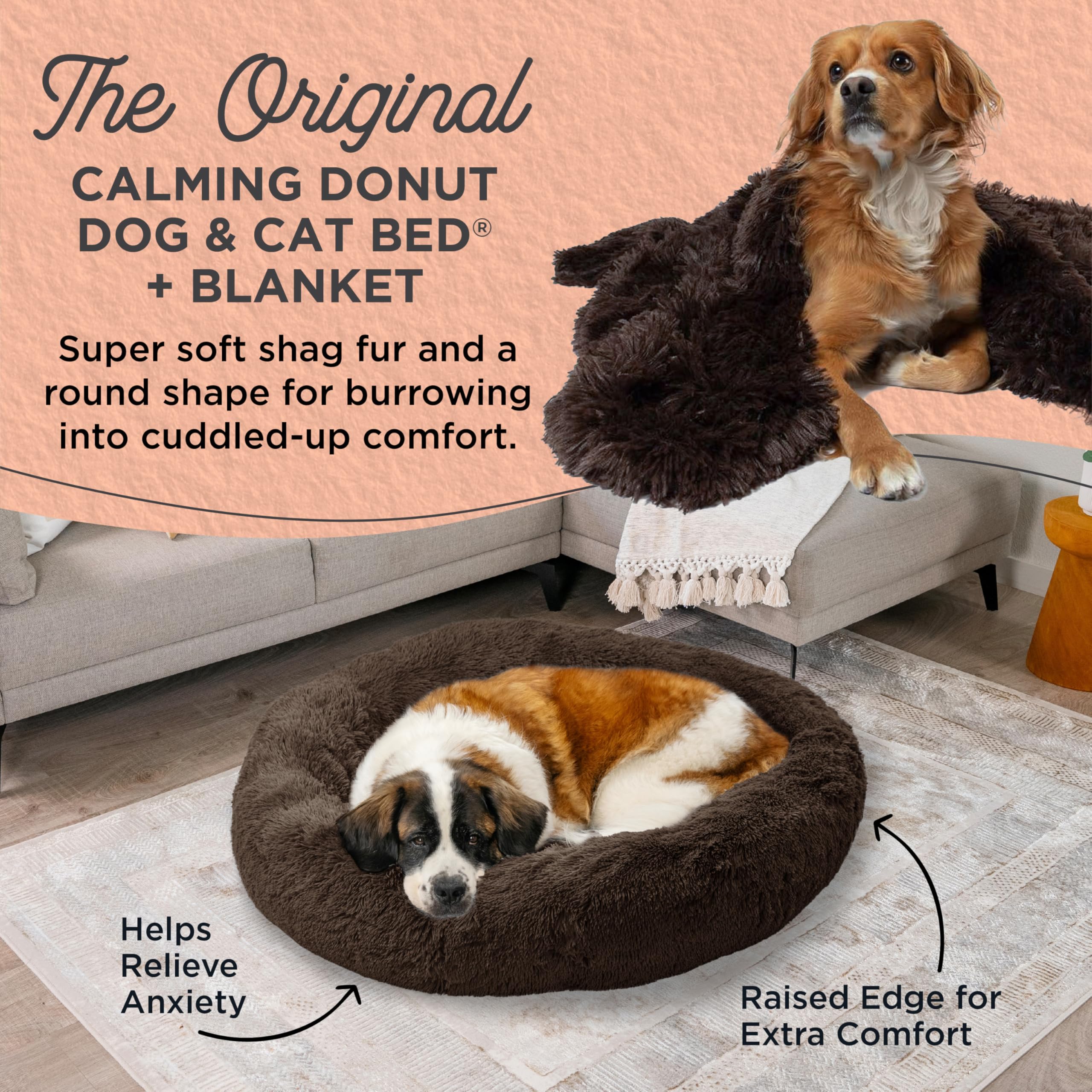 Best Friends by Sheri Bundle Set - Original Calming Shag Donut Cuddler Cat & Dog Bed with Pet Throw Blanket, Dark Chocolate, Extra Large 45x45 Inch - Cozy Pet Bed for Anxiety Relief & Nap Time Comfort