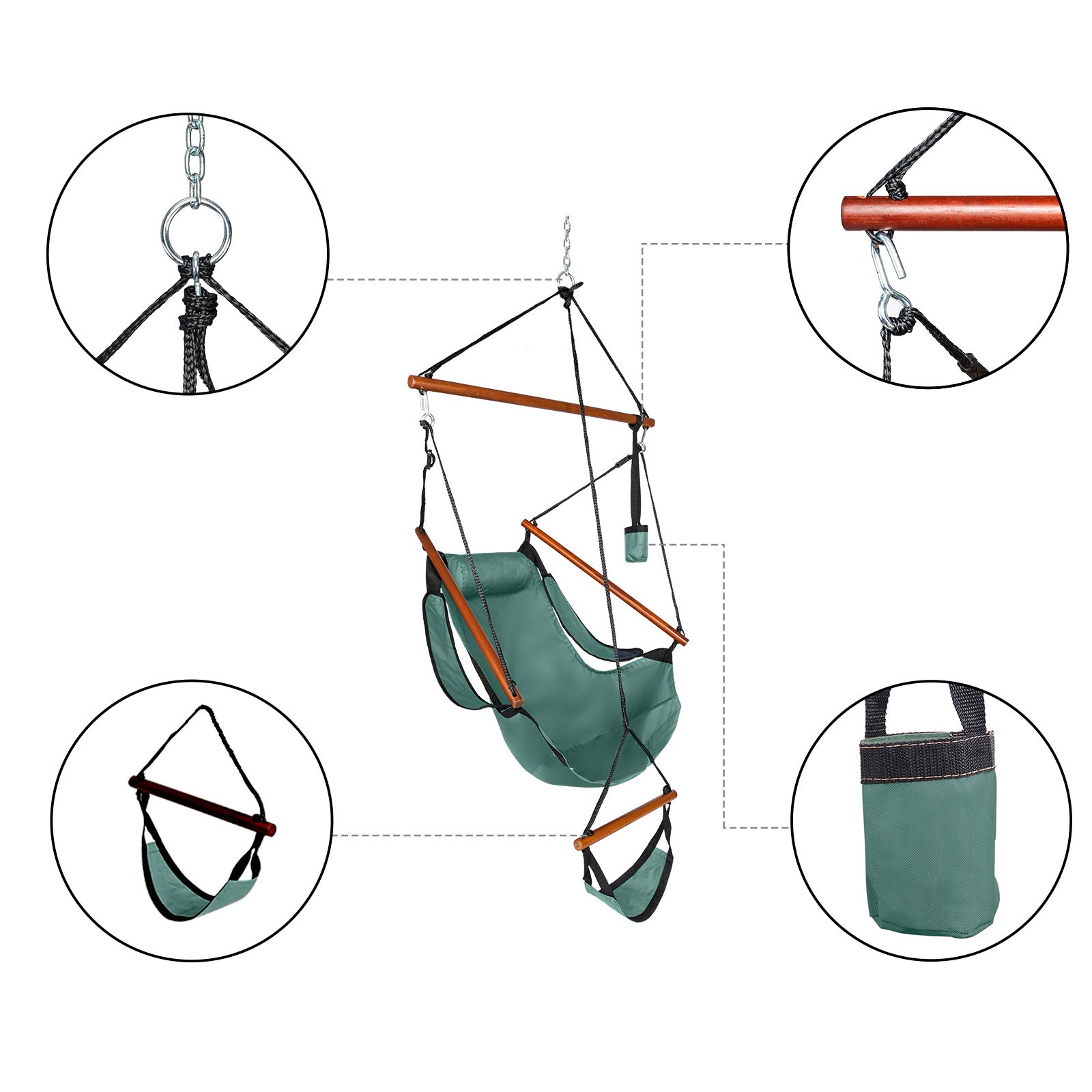 GT4-LY Oxford Fabric Hanging Chair with Cup Holder & Wooden Stick - 100kg Capacity, Perforated Design for Seaside, Courtyard, Garden & Outdoor Relaxation - Green