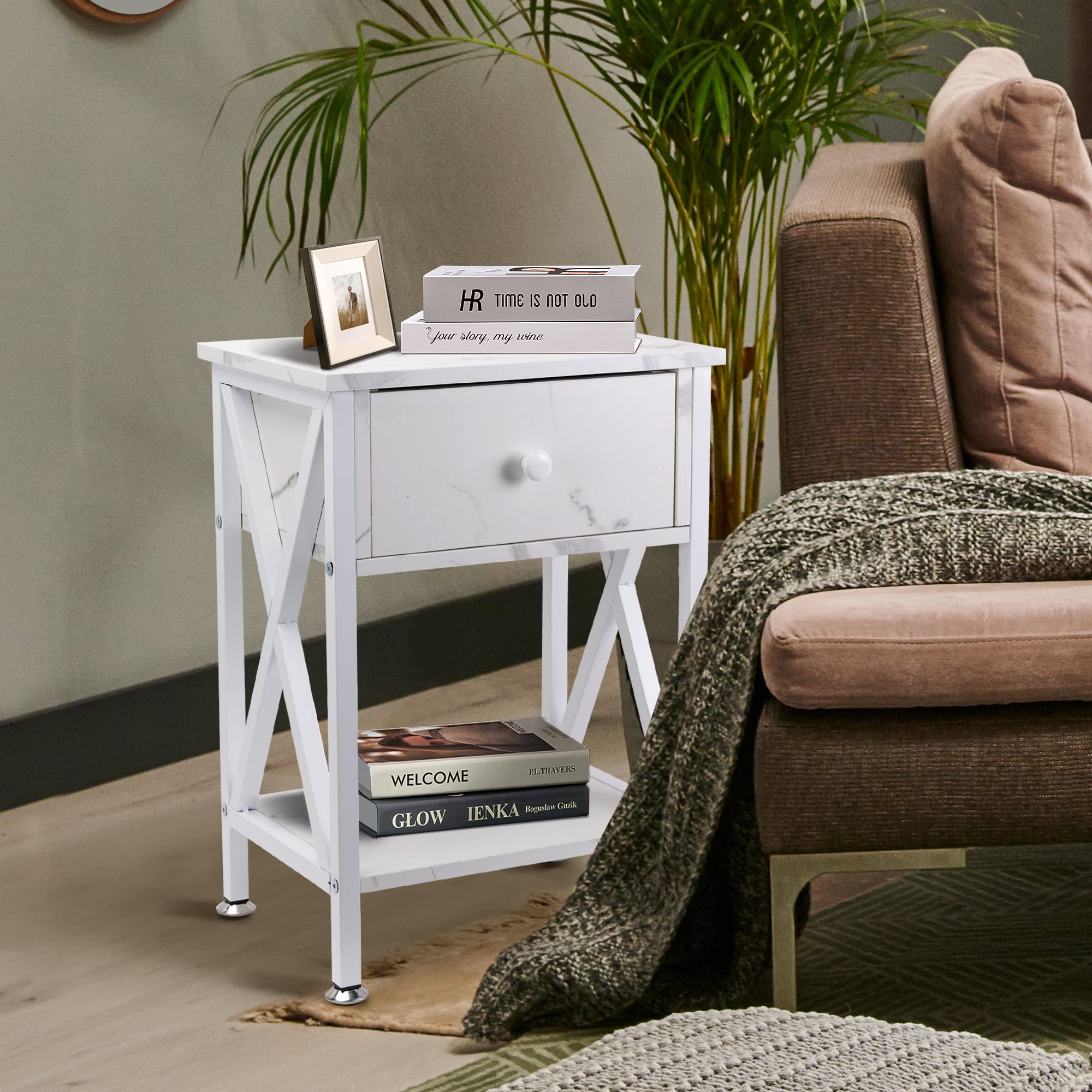 GOOD & GRACIOUS Multi-Function Nightstand with Drawer & Shelf - Narrow X-Shape Frame End Table for Bedroom, Living Room - Marble White | Perfect for Small Spaces, Bedside Storage & Modern Home Decor