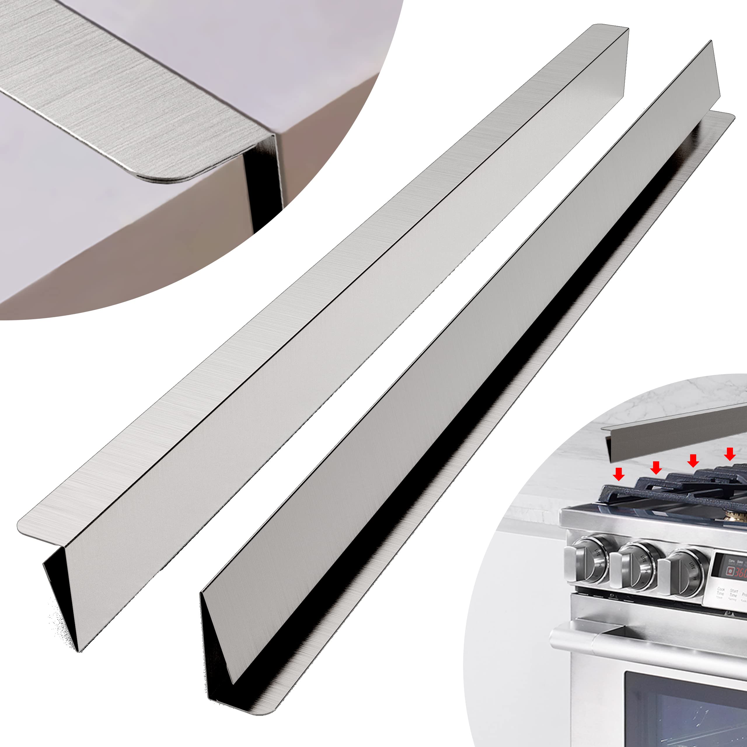 IIIOIIIA Upgraded 'L' Shape Kitchen Stove Counter Gap Cover (2 Pack) - 25.5 Inch Stainless Steel Stove Gap Filler for Spill Protection - Wide & Long Design for Secure Fit Between Stove and Countertop - Perfect for Kitchen Safety and Easy Cleaning (Silver)