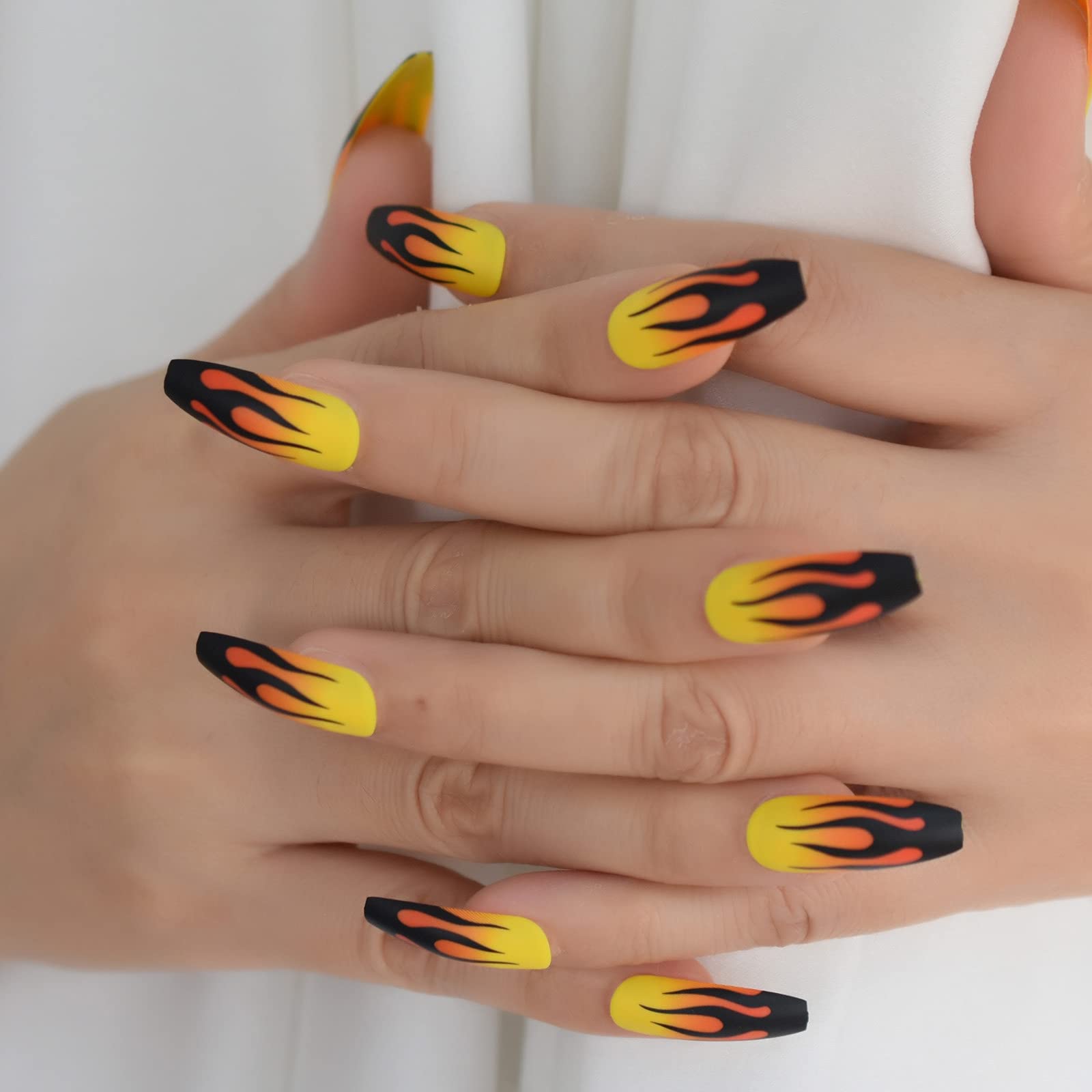 24 Extra Long Matte Flame Press On Nails - Yellow & Black Fire Coffin Fake Nails for Women | Full Cover Artificial Nails for Parties, Halloween, Cosplay & Special Occasions