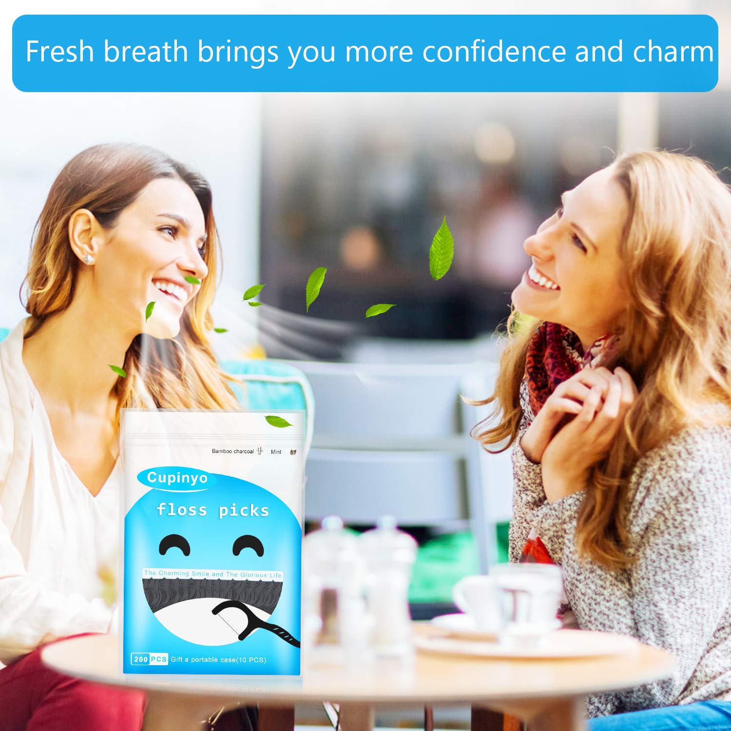 Premium Cupinyo Dental Floss Picks - 200 Count Mint Flavored Activated Charcoal Teeth Cleaning Sticks with Travel Case | Gentle Plaque Removal, Fresh Breath | Perfect for Travel, Office & Home Oral Care
