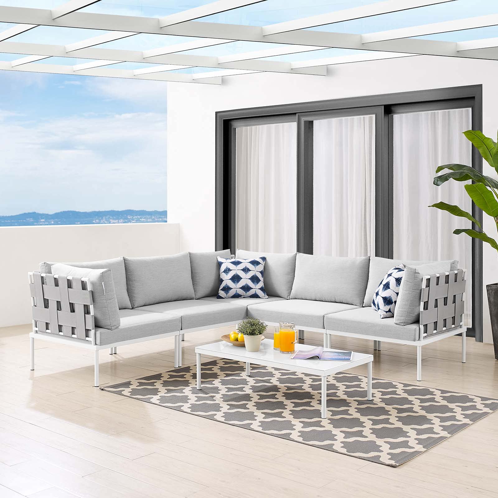 Modern Aluminum Grey Lounge Sectional Sofa Chair Table Set for Outdoor Patio, Cafe & Garden Relaxation | Durable & Stylish Furniture for Backyard, Poolside & Restaurant Seating