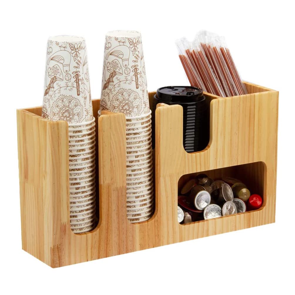 Stackable Cup & Lid Organizer with Coffee Condiment Storage - Wooden Breakroom Organizer for Coffee Pods, Tea Bags & Disposable Cups | Perfect for Office, Kitchen & Pantry Organization