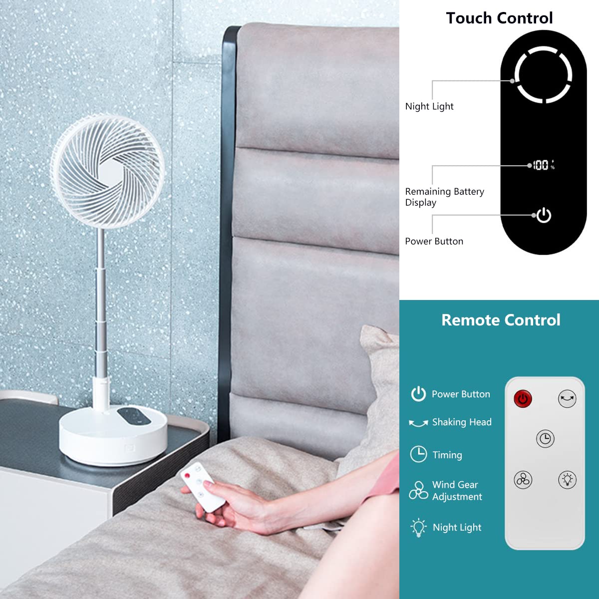 Portable Telescopic Floor Fan with Remote Control - 10000mAh Rechargeable USB Standing Fan, Adjustable Height & 4 Speed Settings, Ultra Quiet for Office, Bedroom, Camping & Outdoor Use