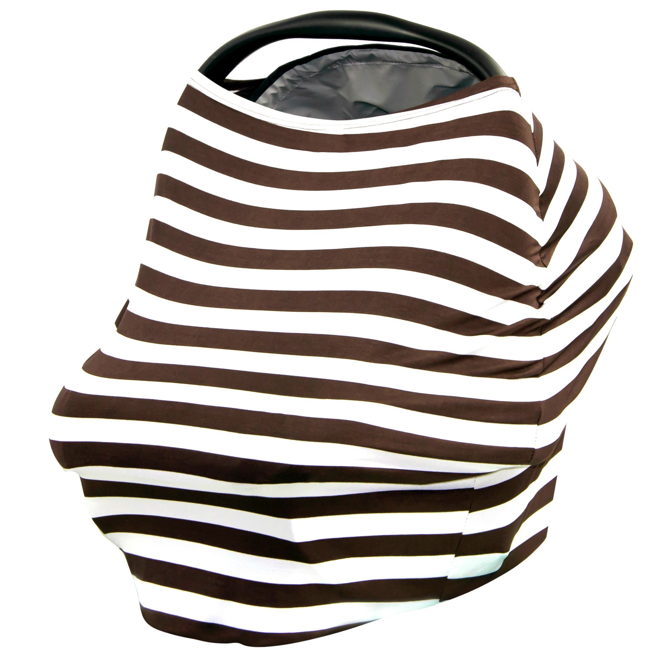 Breathable Stretchy Infant Car Seat Canopy & Nursing Cover - Universal Fit for All Newborn Car Seats - Chocolate White Stripe Print - Perfect Baby Shower Gift & Maternity Essential for Summer Outings