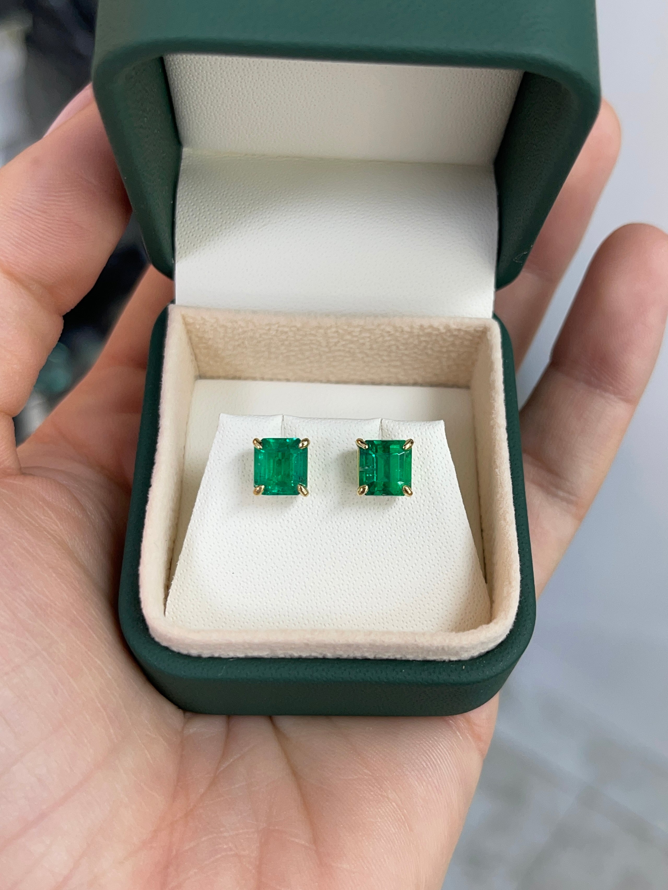 3.18tcw 7x7 AAA+ Muzo Green Asscher Cut Colombian Emerald Stud Earrings in 18K Gold - Perfect for Weddings, Anniversaries & Special Occasions