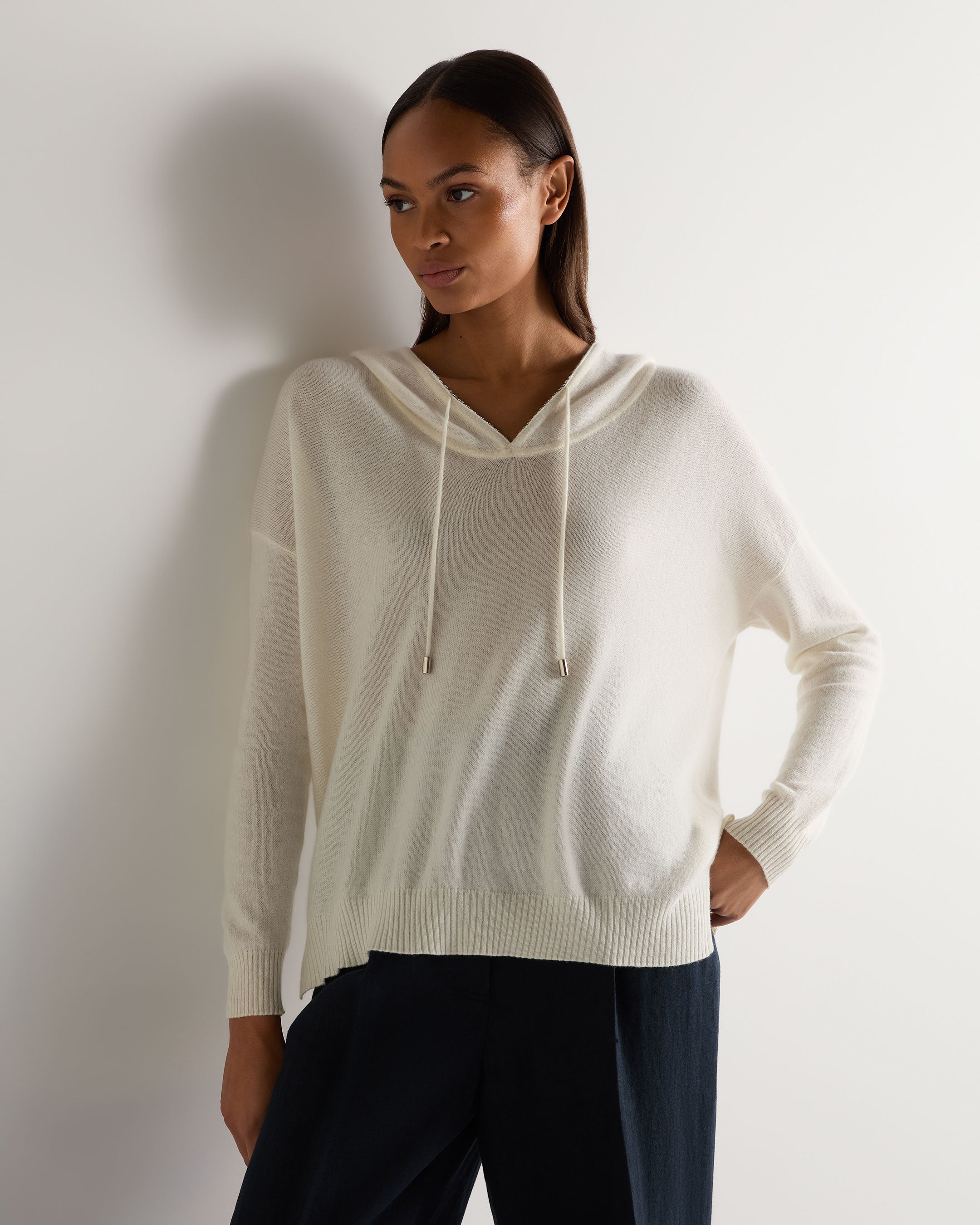 Women's Cashmere Hoodie with Maya Metal Trim - Soft Ivory White Winter Pullover for Casual Outings & Cozy Loungewear