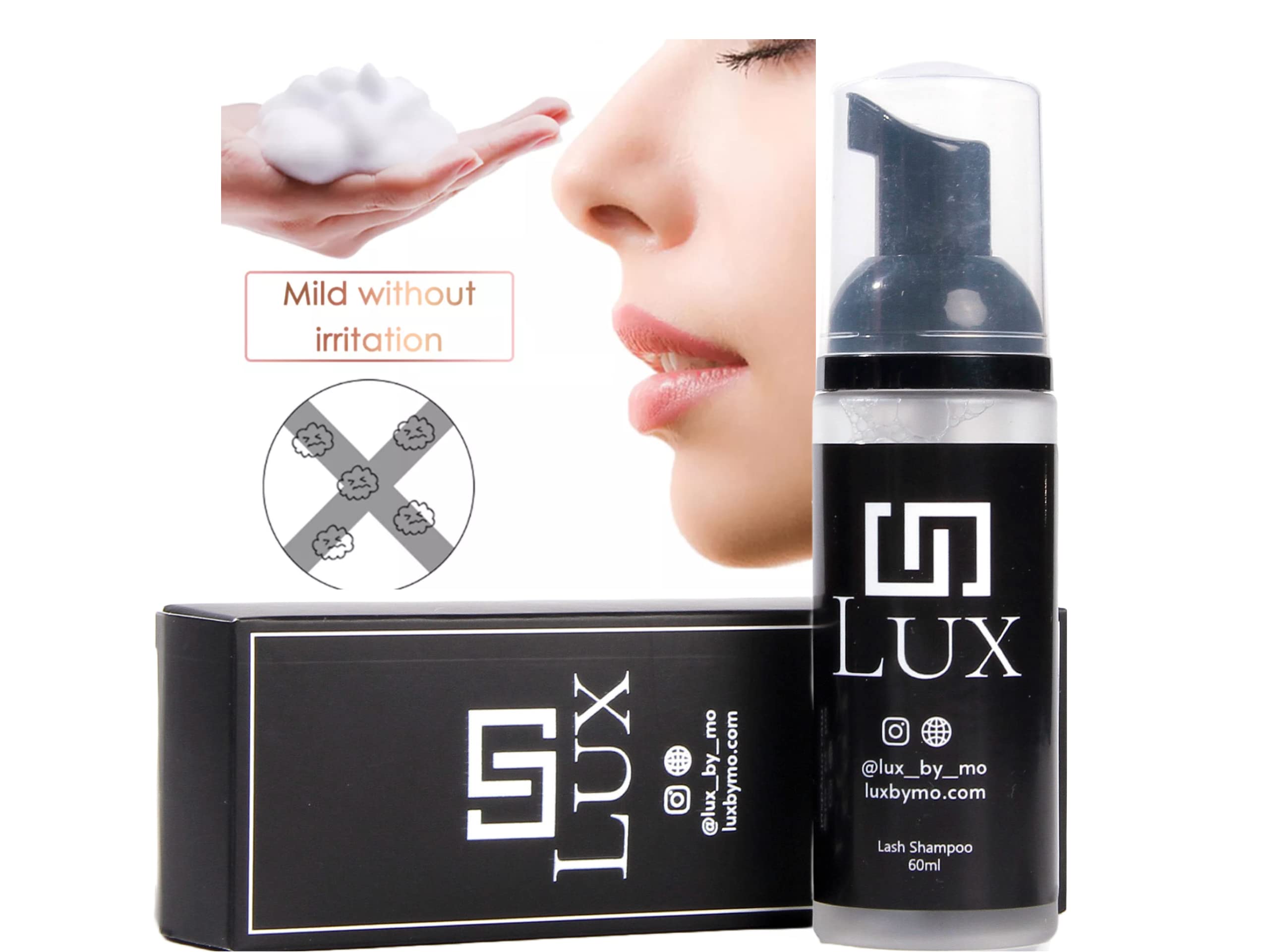 LuxByMo TEARFREE Foaming Lash Cleanser Shampoo with Brush - 60ml/2oz Alcohol-Free & Fragrance-Free - Gentle Eyelash Wash for Daily Use, Sensitive Eyes & Lash Extension Care