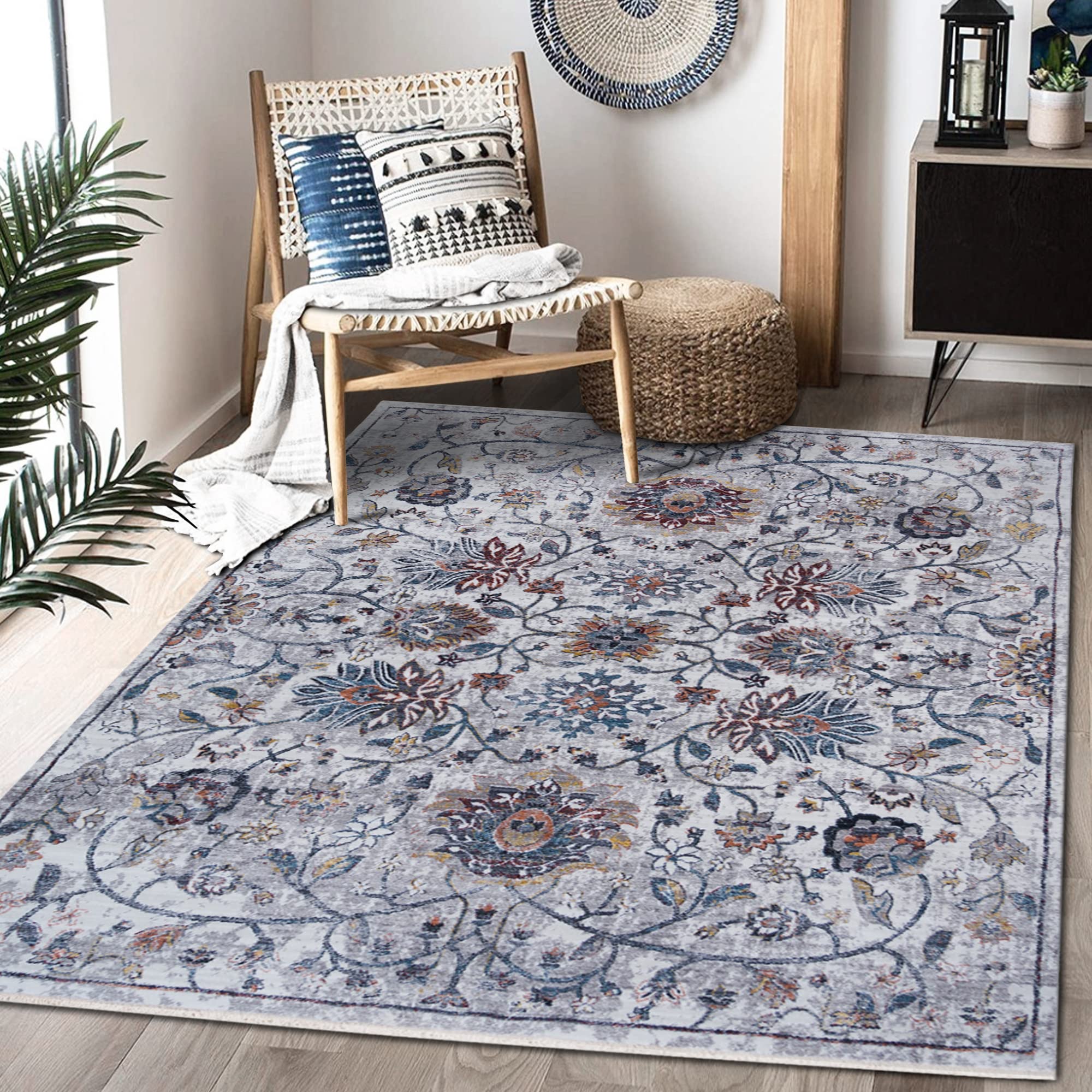 Vintage Bohemian Floral Oriental Distressed 5x7 Area Rug - Soft Non-Slip Living Room Rug, Bedroom Carpet & Dining Room Floor Mat for Boho Home Decor, Farmhouse Style, Apartment, Dorm (5'x7')