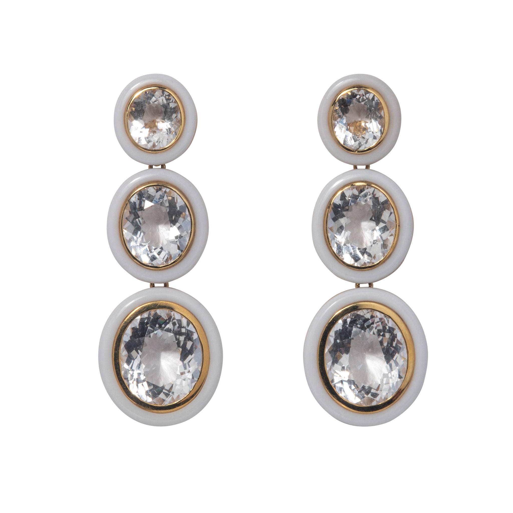 Goshwara 18K Gold Drop Earrings with Oval Rock Crystal & White Agate Inlay - Elegant Jewelry for Weddings, Parties & Special Occasions