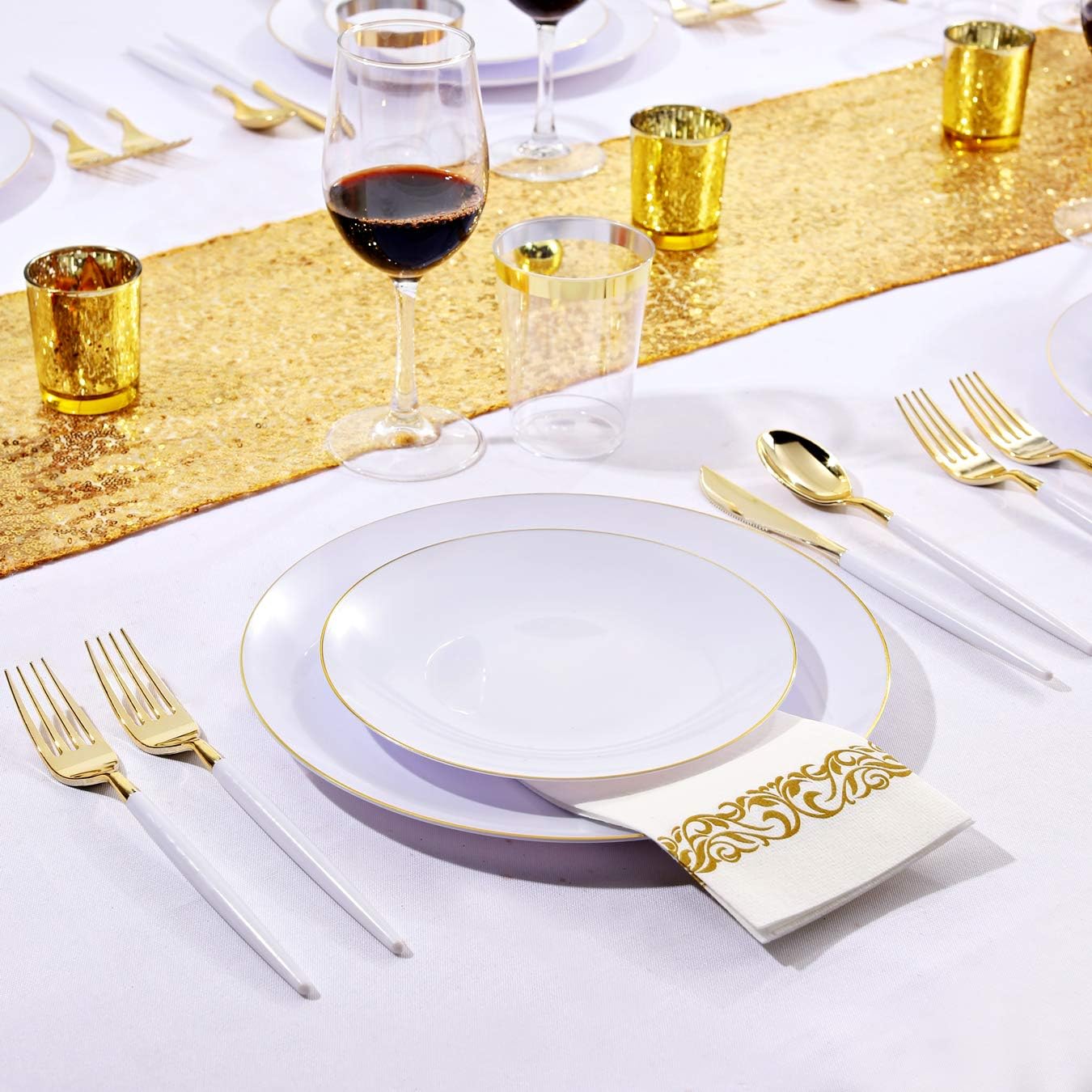 200PCS White Plastic Plates with Gold Rim - 100PCS 7.5inch Disposable Dessert Plates & 100PCS 10.25inch Dinner Plates - Elegant Gold Plastic Plates for Wedding, Party, Birthday, Baby Shower & Holiday Celebrations