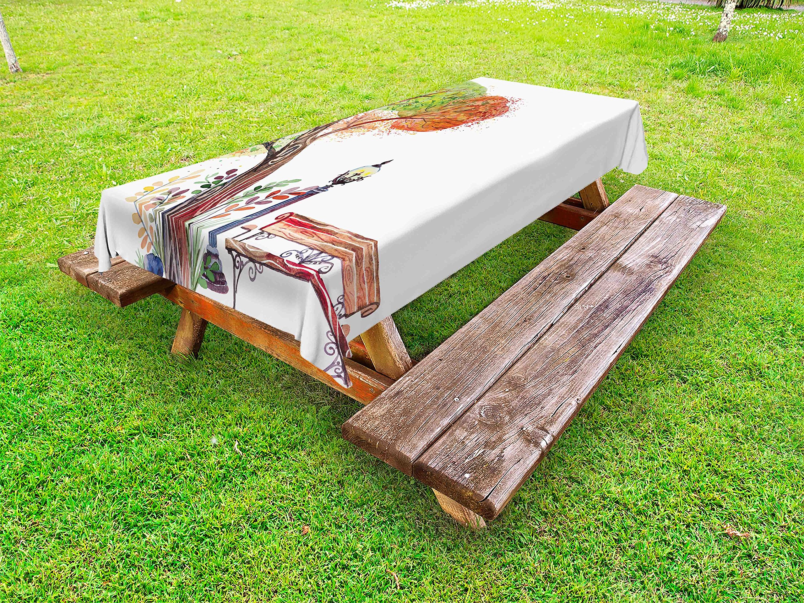 Ambesonne Vintage Forest Tablecloth - Hand Drawn Autumn Leaves & Trees Design, Washable Picnic Table Cover for Outdoor Dining (58x120 Inches, Green/Brown) - Perfect for Fall Picnics, Thanksgiving Decor, and Park Gatherings