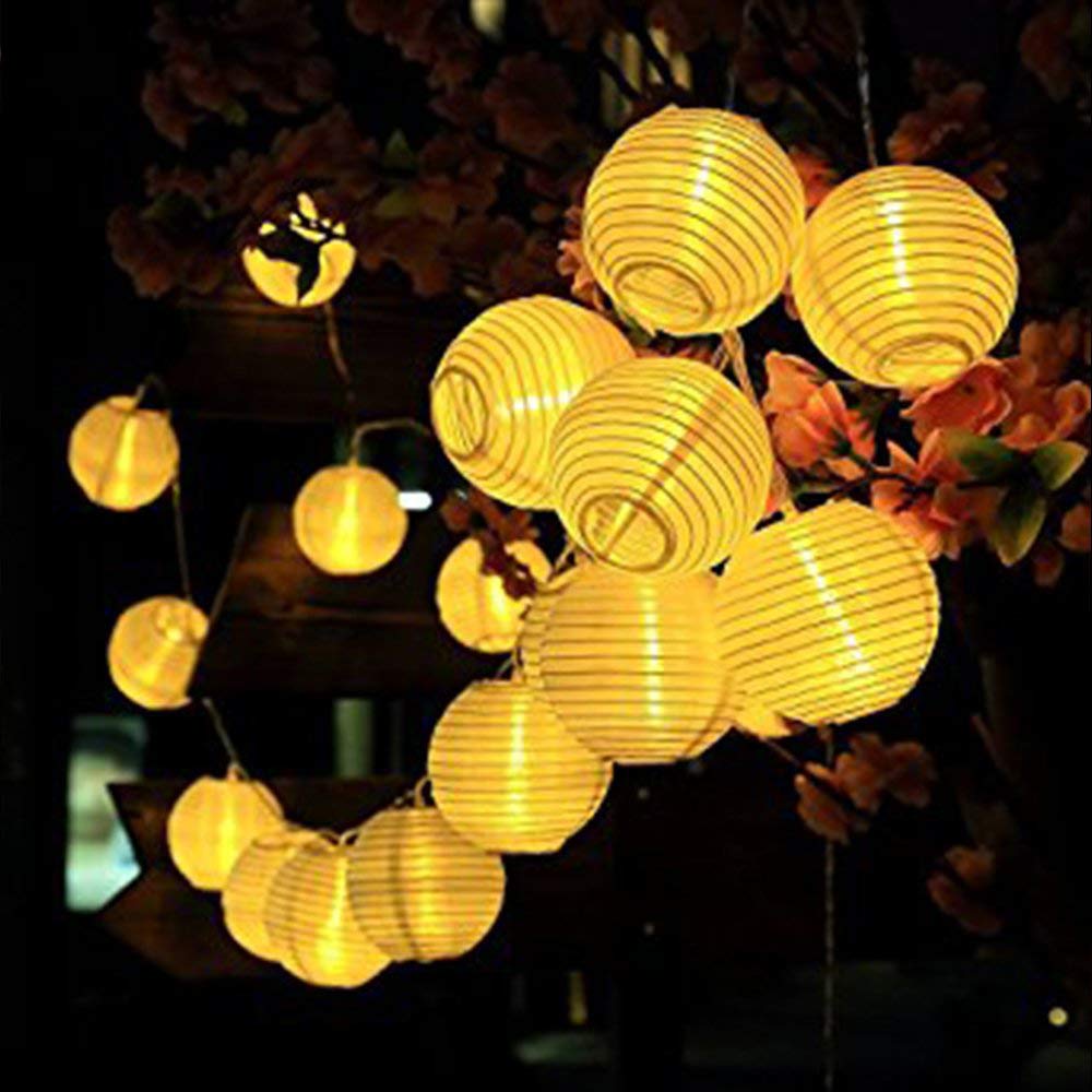 ALLOMN 19.7ft 30LED Solar Powered Waterproof Outdoor String Lights with Fabric Lanterns - Warm White Fairy Lights for Christmas Decorations, Garden, Patio, Yard, Wedding & Home Decoration (Indoor/Outdoor Use)