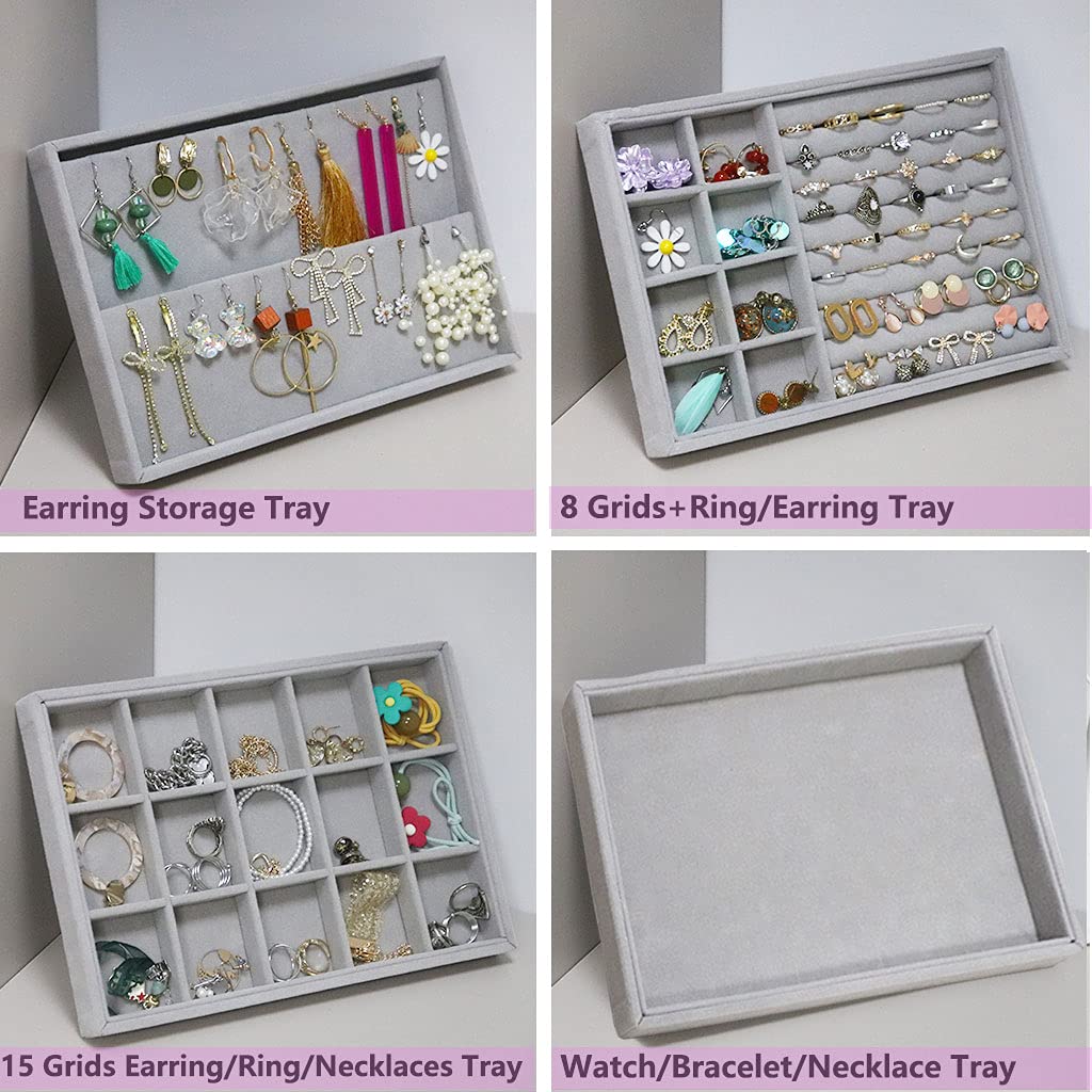 Stackable Velvet Jewelry Organizer Trays - 4-Piece Set for Earrings, Rings, Necklaces, Bracelets & Watches | Gray Jewelry Drawer Inserts & Display Case | Perfect for Bedroom Vanity, Travel & Gift Giving