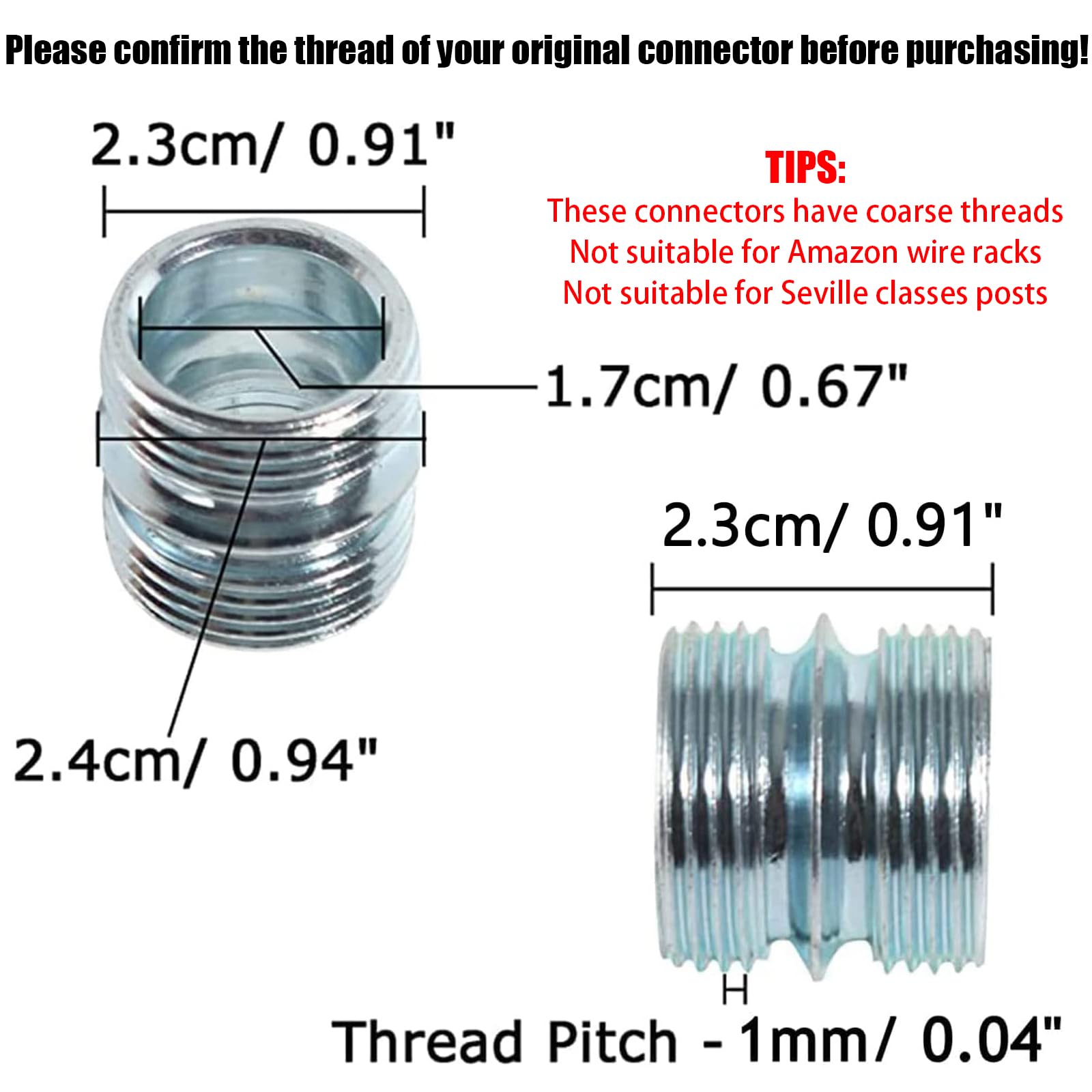 HOWDIA 1-Inch (25.4mm) Diameter Coarse Thread Connectors for 0.047-Inch (1.2mm) Thick Wire Shelving - Post Extension Kit & Replacement Parts for Metal Storage Racks (4-Pack) - Perfect for Garage, Pantry & Closet Organization