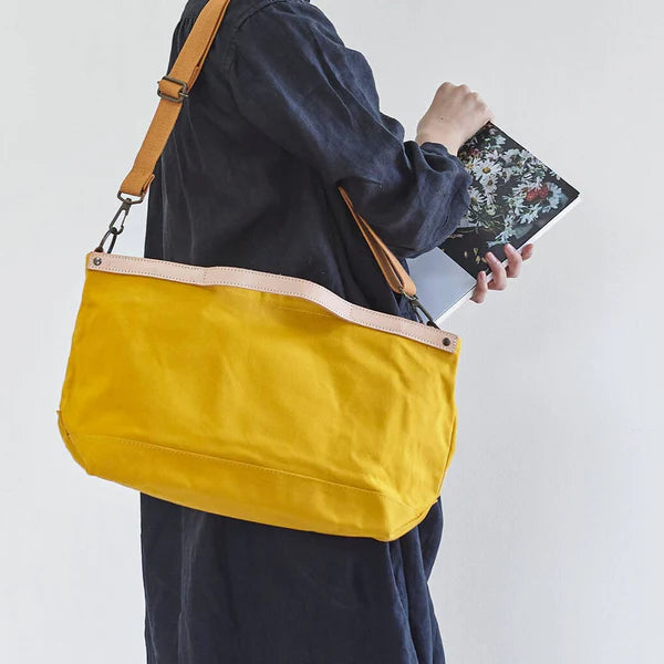 Kurashiki Hampu Canvas Shoulder Bag - Khaki Japanese Style Tote for Women & Men | Durable Cotton Crossbody Bag for Travel, Work & Everyday Use